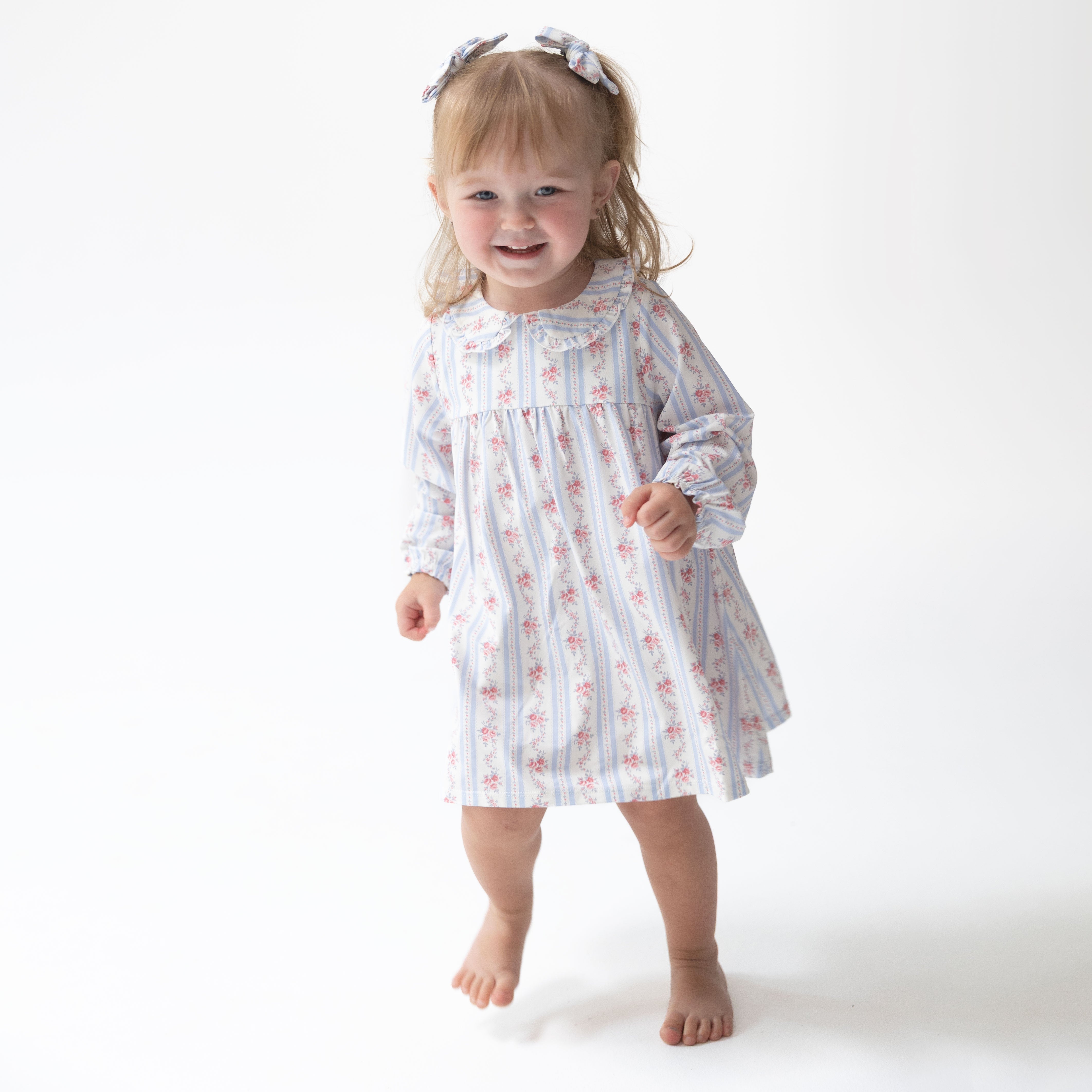 Anna Floral Stripe - Long Sleeve Peter Pan Ruffle Collar Dress And Bloomer