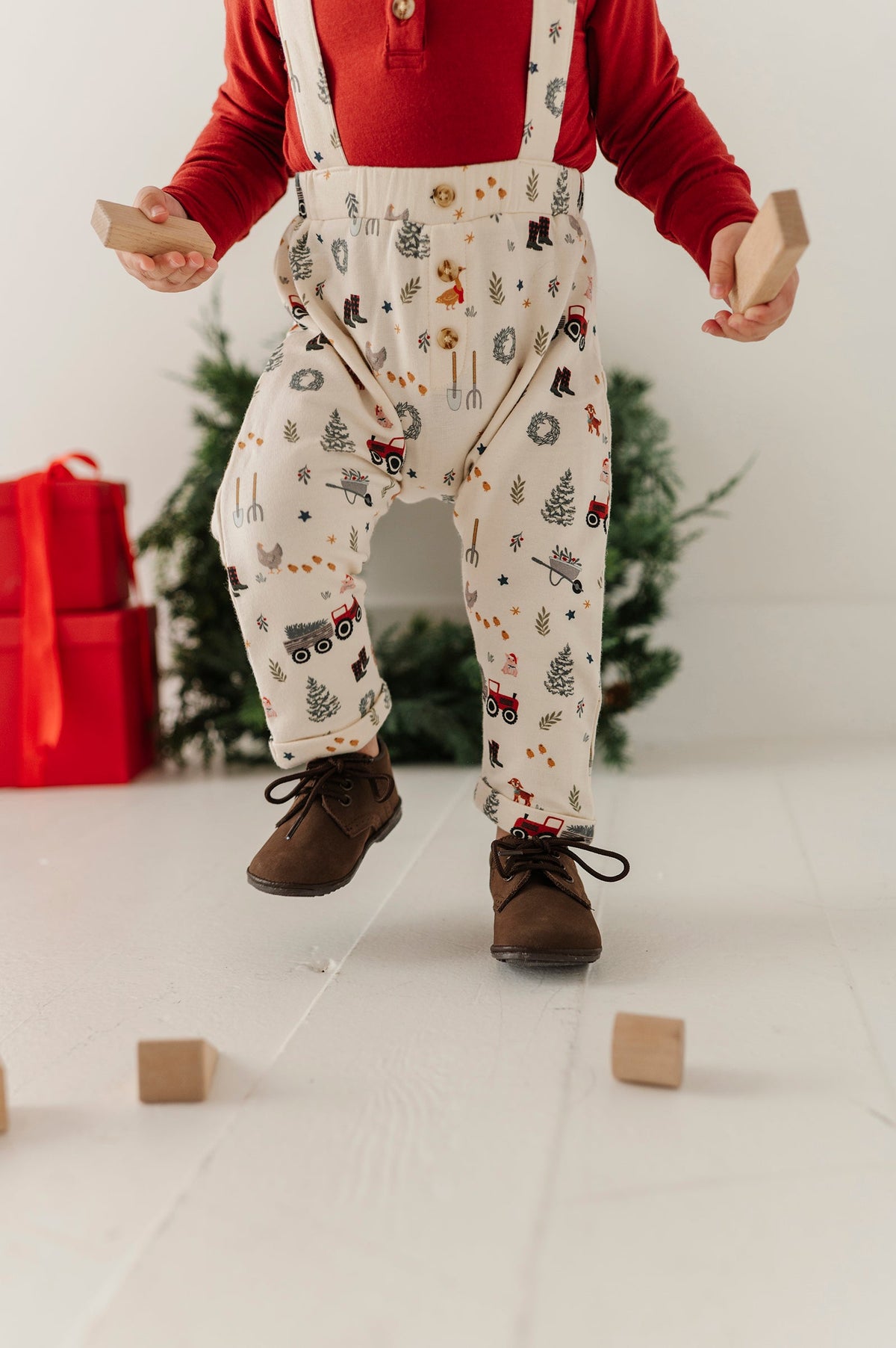 Baby Boy Henley Bodysuit & Suspenders Set In Christmas Farm