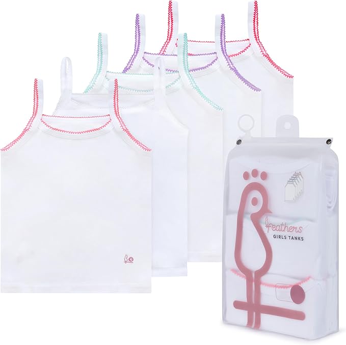 Feathers Girls Undershirts Tagless Camisoles - 5 Pk Super Soft Cotton Cami Girls Tank Tops