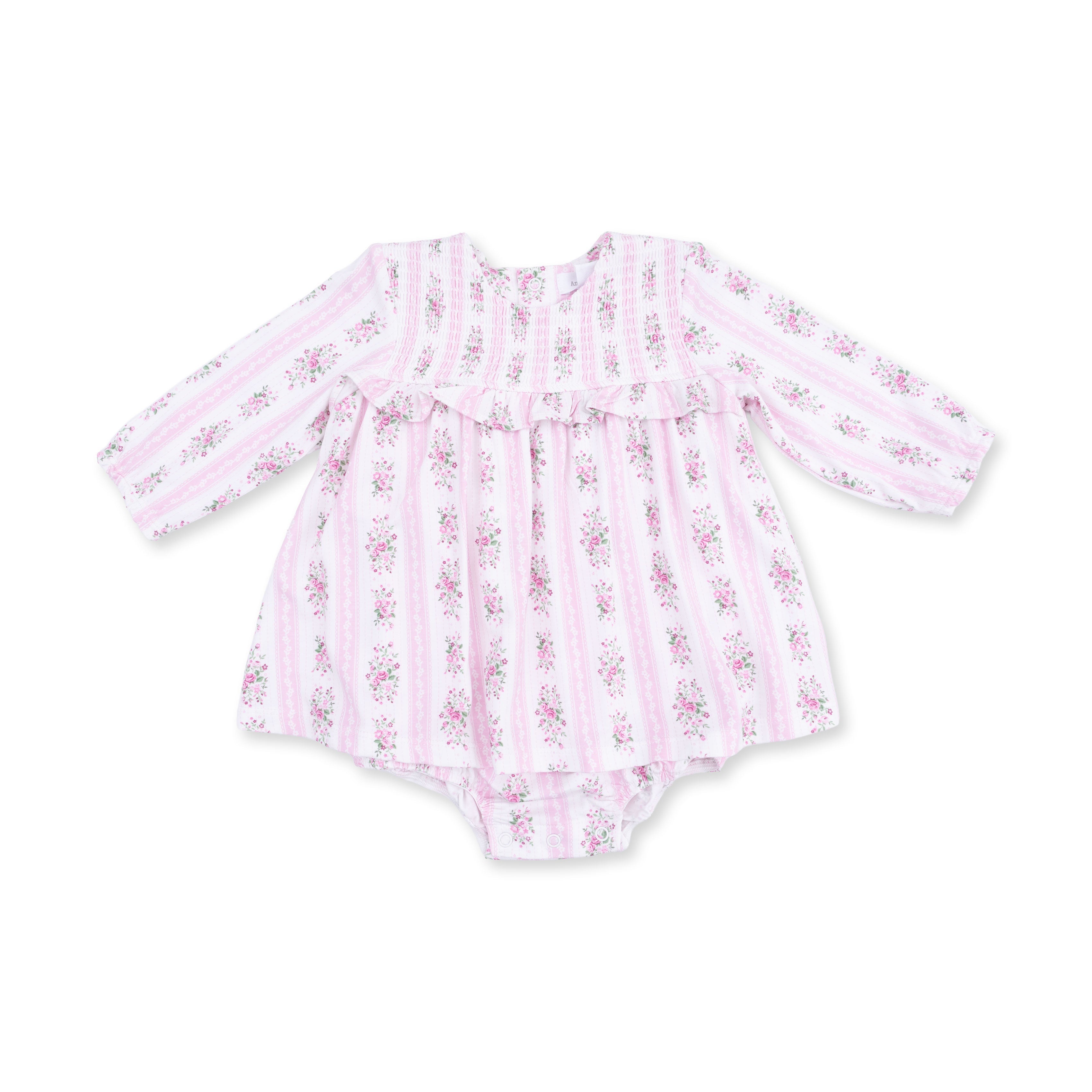 Bella Rose Stripe - Long Sleeve Smocked Ruffle Bubble With Skirt