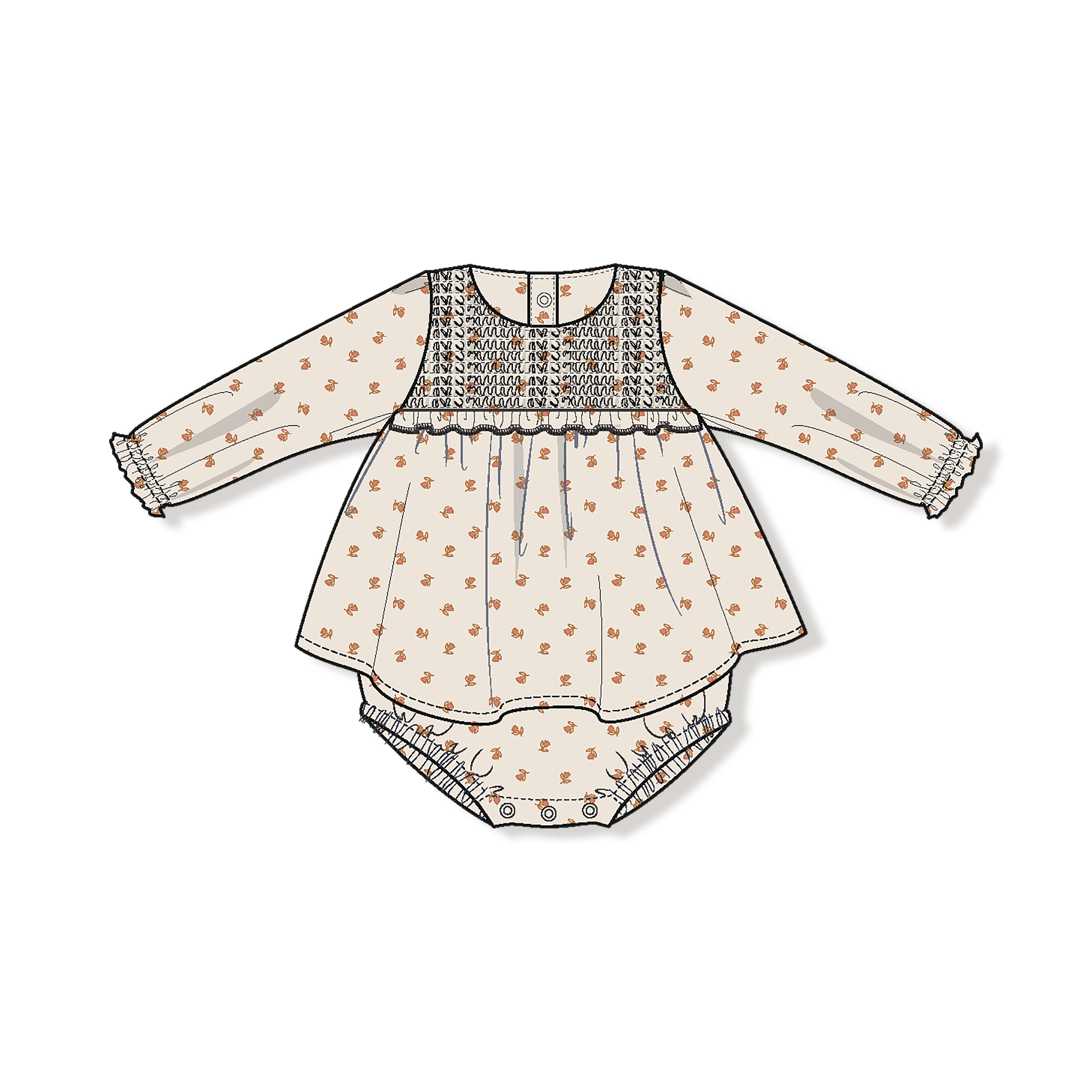 Long Sleeve Smocked Ruffle Bubble With Skirt  *pre- Order - This Item Will Not Ship Until After  9.2 And Will Ship Separately From Other Items In Your Order.