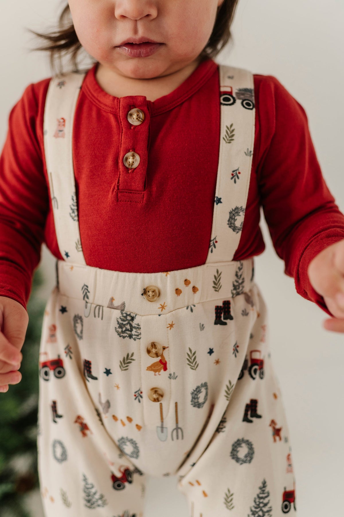 Baby Boy Henley Bodysuit & Suspenders Set In Christmas Farm