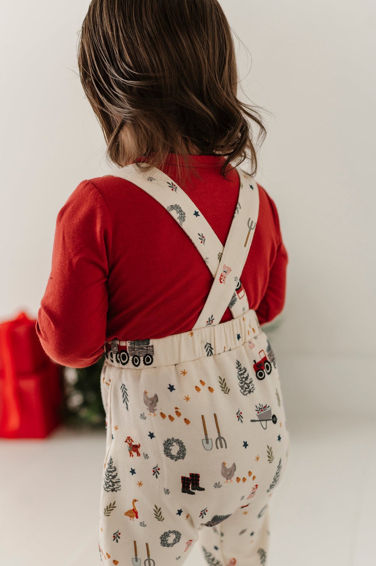 Baby Boy Henley Bodysuit & Suspenders Set In Christmas Farm