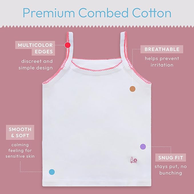 Feathers Girls Undershirts Tagless Camisoles - 5 Pk Super Soft Cotton Cami Girls Tank Tops