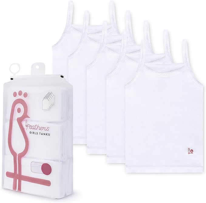 Feathers Girls Undershirts Tagless Camisoles - 5 Pk Super Soft Cotton Cami Girls Tank Tops
