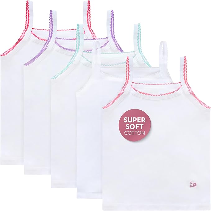 Feathers Girls Undershirts Tagless Camisoles - 5 Pk Super Soft Cotton Cami Girls Tank Tops