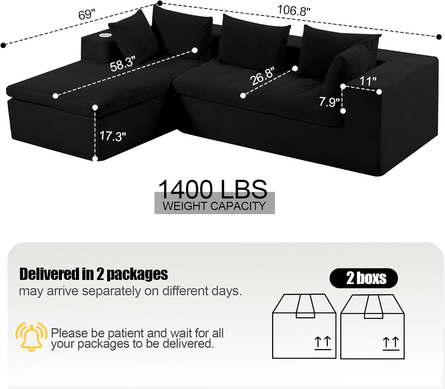 Black Corduroy Cloud Sectional Sofa, 107" L-shape