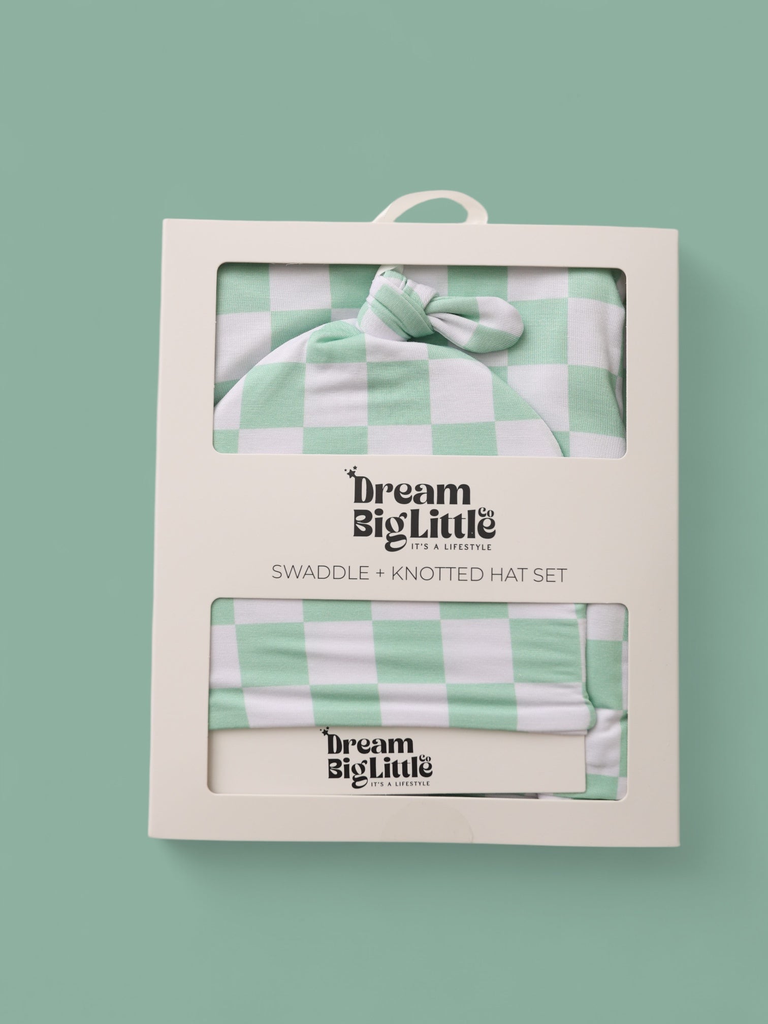 Mint Checkers Dream Swaddle & Beanie
