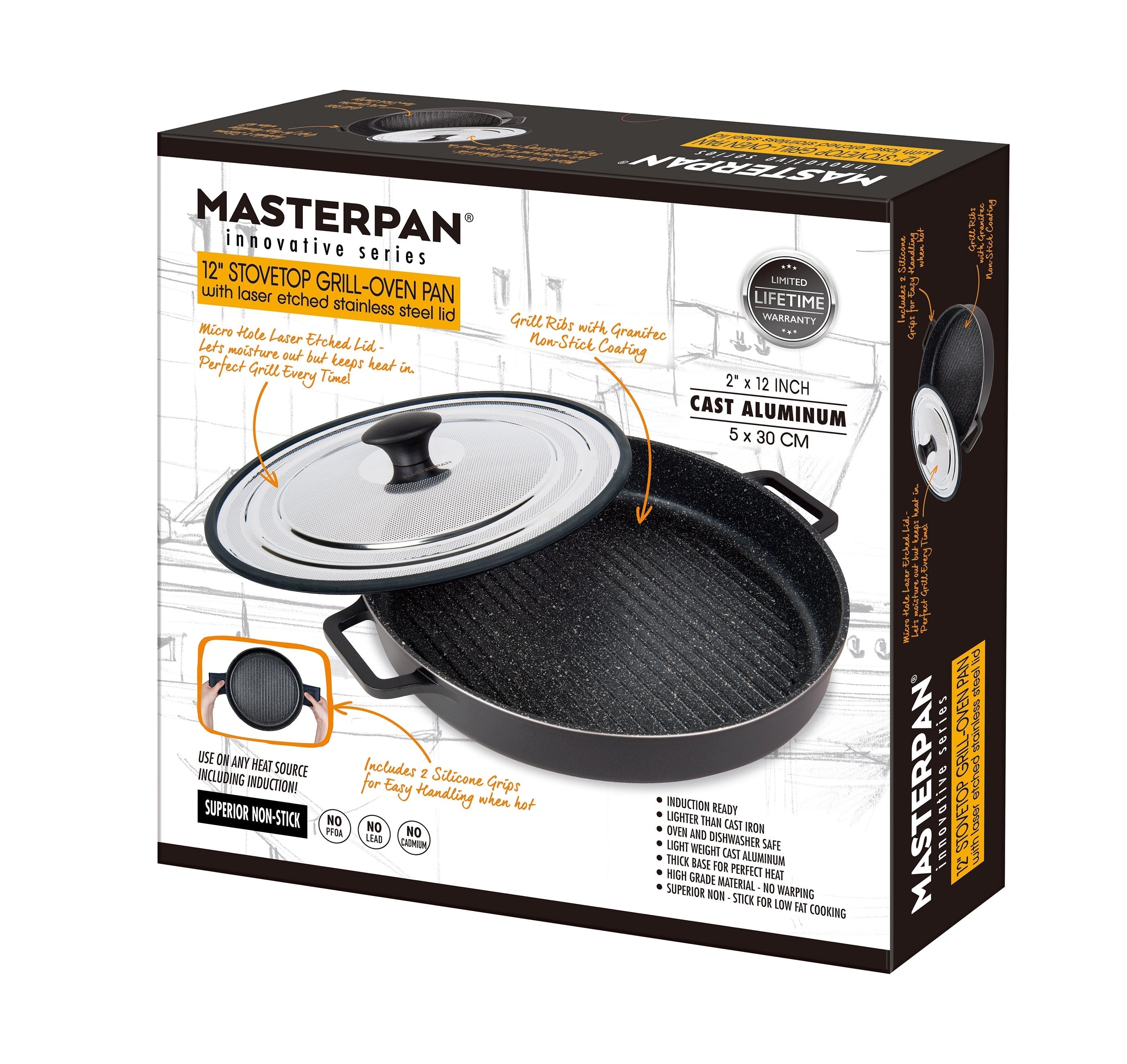 Masterpan Nonstick Stovetop Oven Grill Pan & Stainless Steel Lid, Black 12" (30cm)