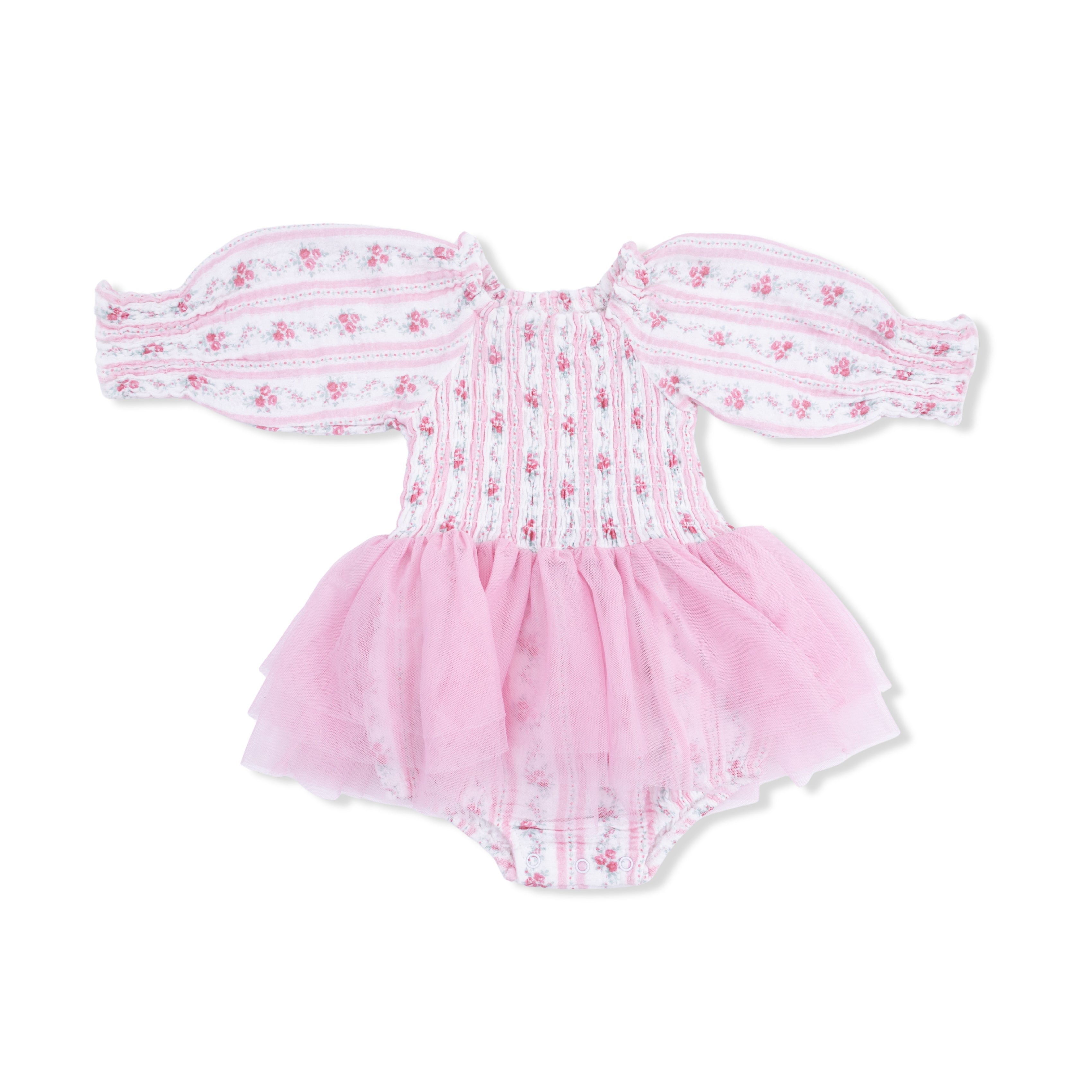 Winding Roses Stripe - Long Sleeve Smocked Bubble With Tutu