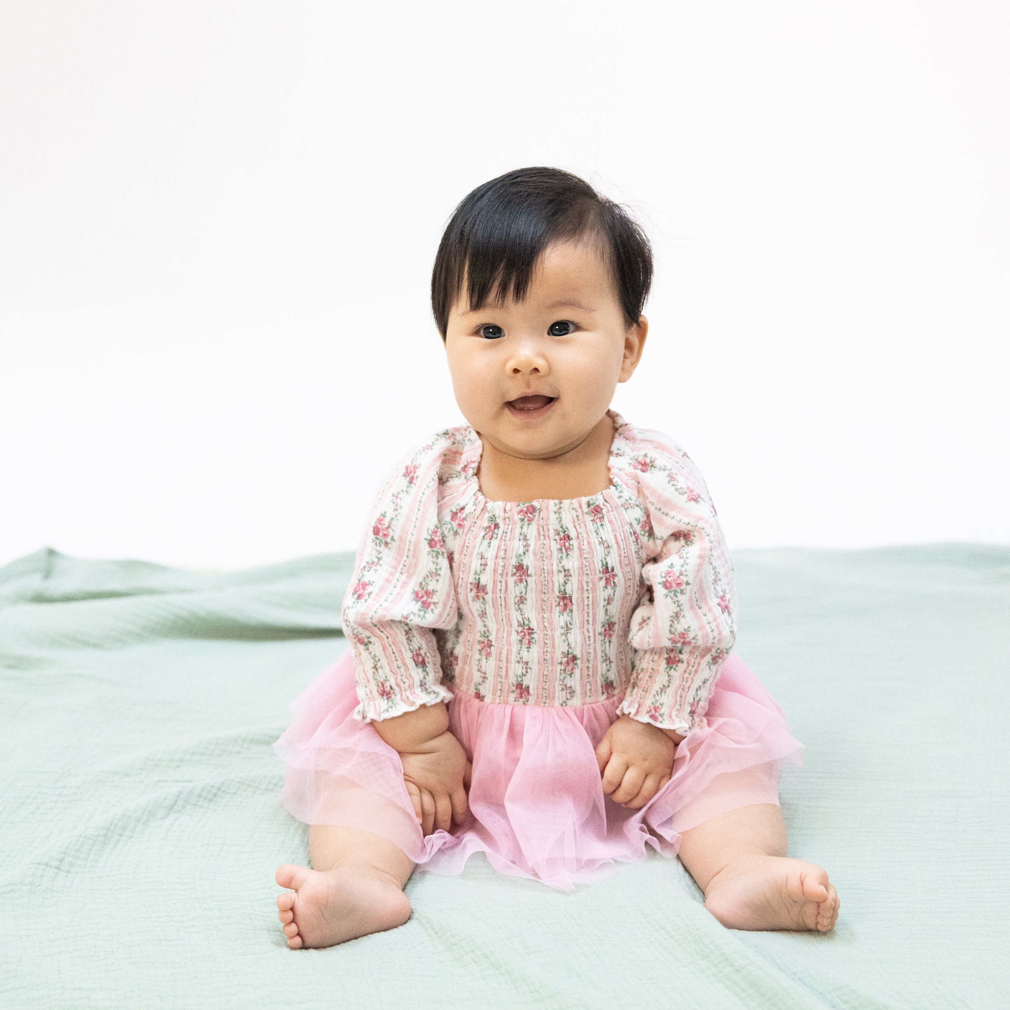 Winding Roses Stripe - Long Sleeve Smocked Bubble With Tutu