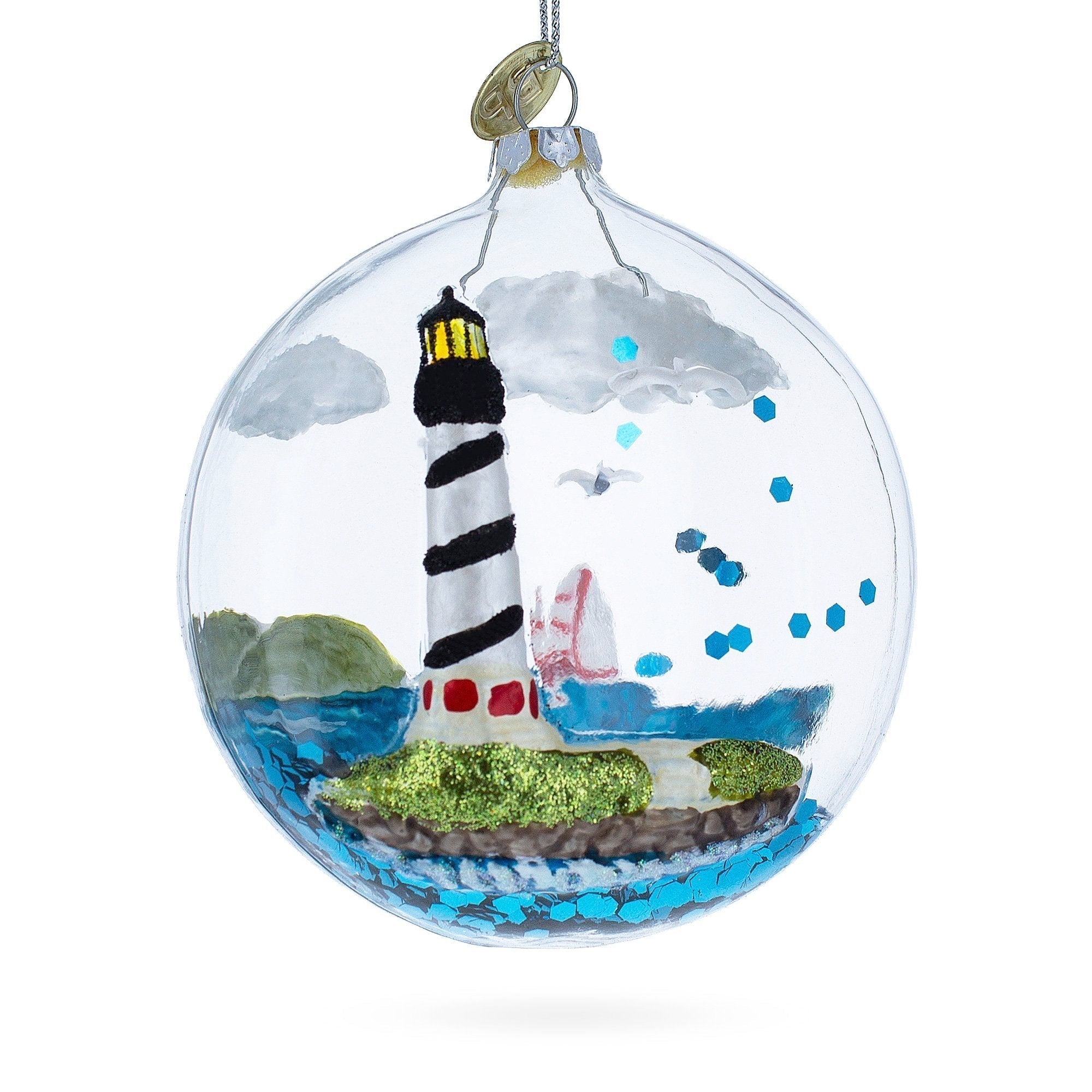 Majestic Lighthouse In Glass Dome - Blown Glass Christmas Ornament