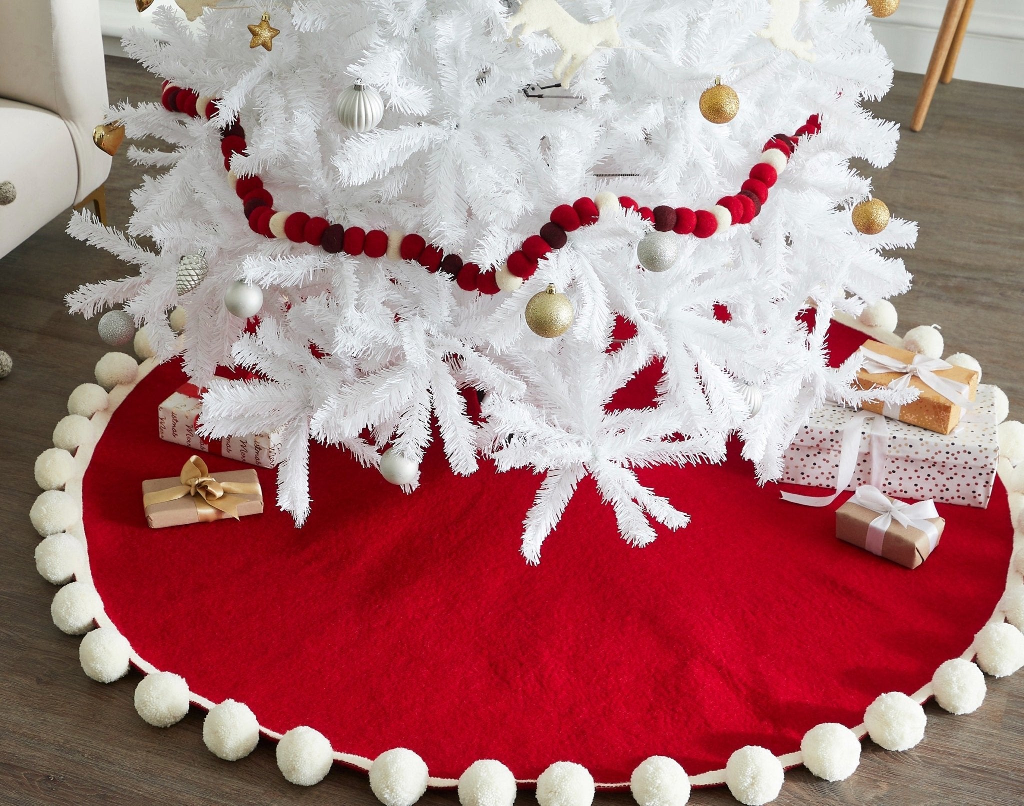 72"  Handmade Christmas Tree Skirt In Felt - Pom Poms On Red