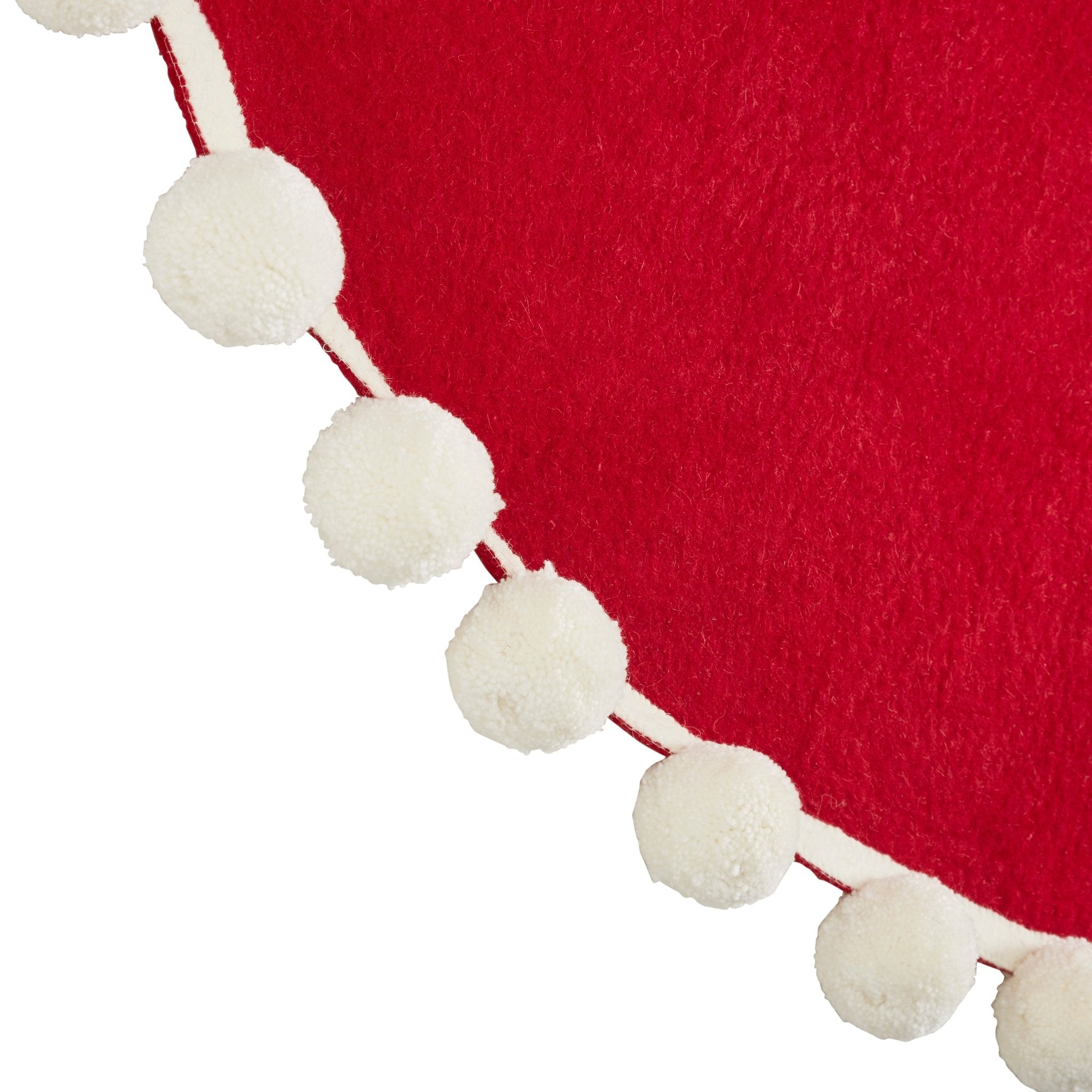 72"  Handmade Christmas Tree Skirt In Felt - Pom Poms On Red