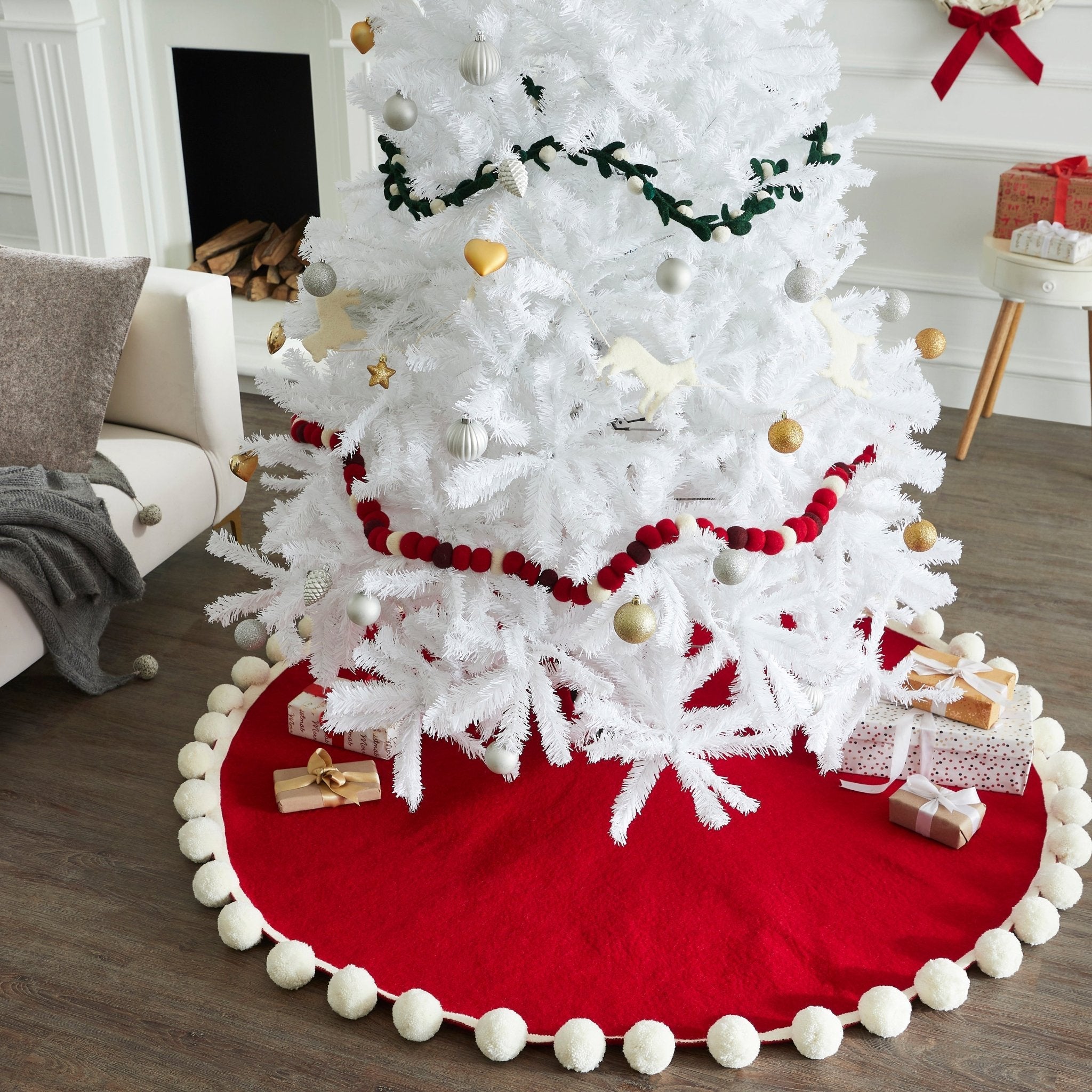 72"  Handmade Christmas Tree Skirt In Felt - Pom Poms On Red