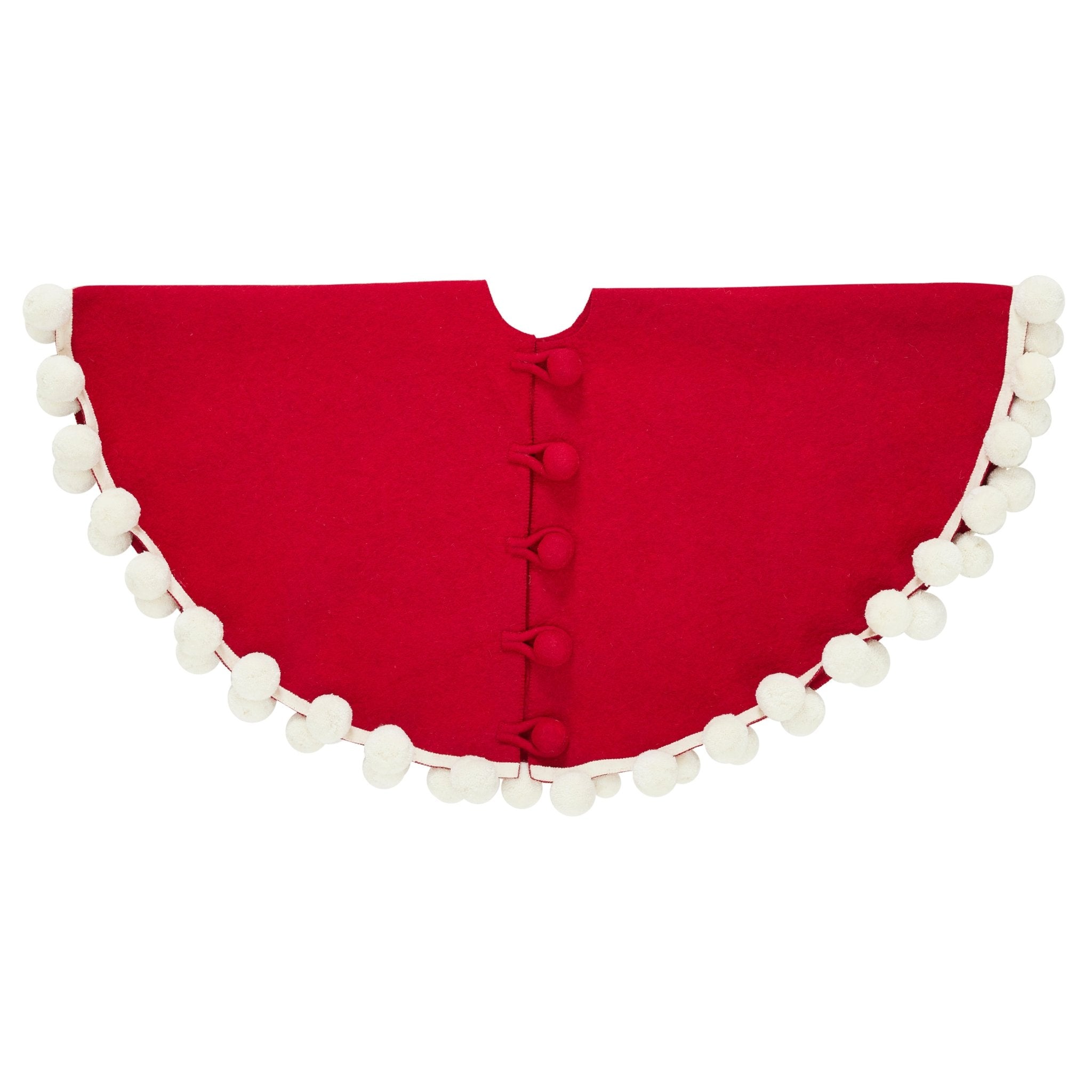 72"  Handmade Christmas Tree Skirt In Felt - Pom Poms On Red