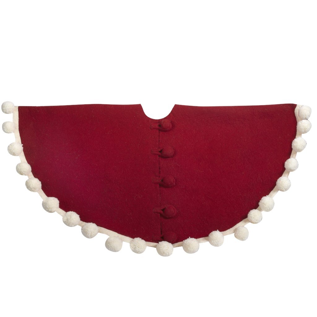 72"  Handmade Christmas Tree Skirt In Felt - Pom Poms On Red