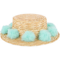 Straw Boater Pom Pom Hat In Beige And Turquoise