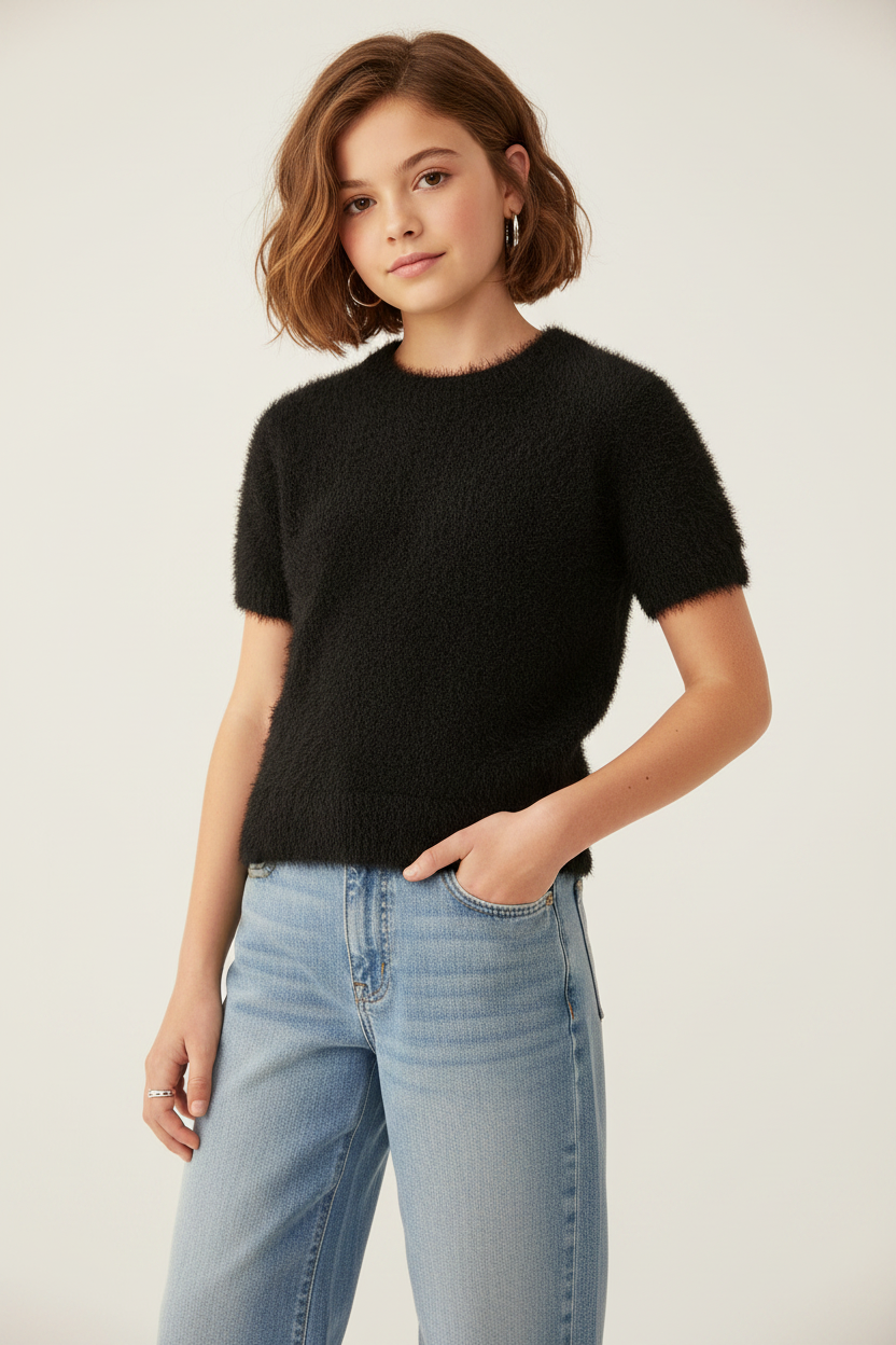 Tweenstyle By Stoopher - Short Sleeve Eyelash Sweater - Black