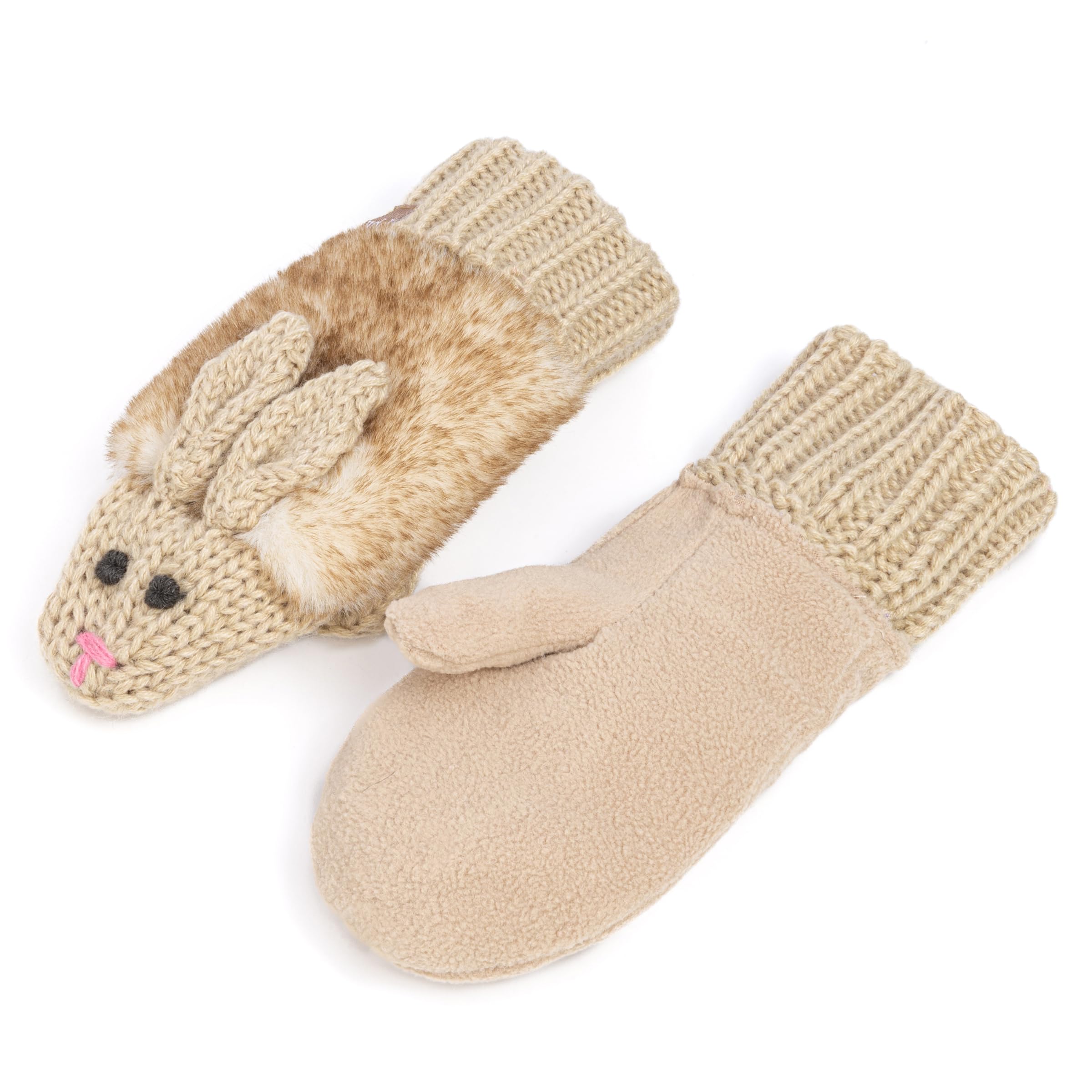 Warm Knit Winter Mittens For Girls Ages 3-12 Years, Double-layered, Fun Bunny Rabbit Design For Children, Toddler To Big Kids