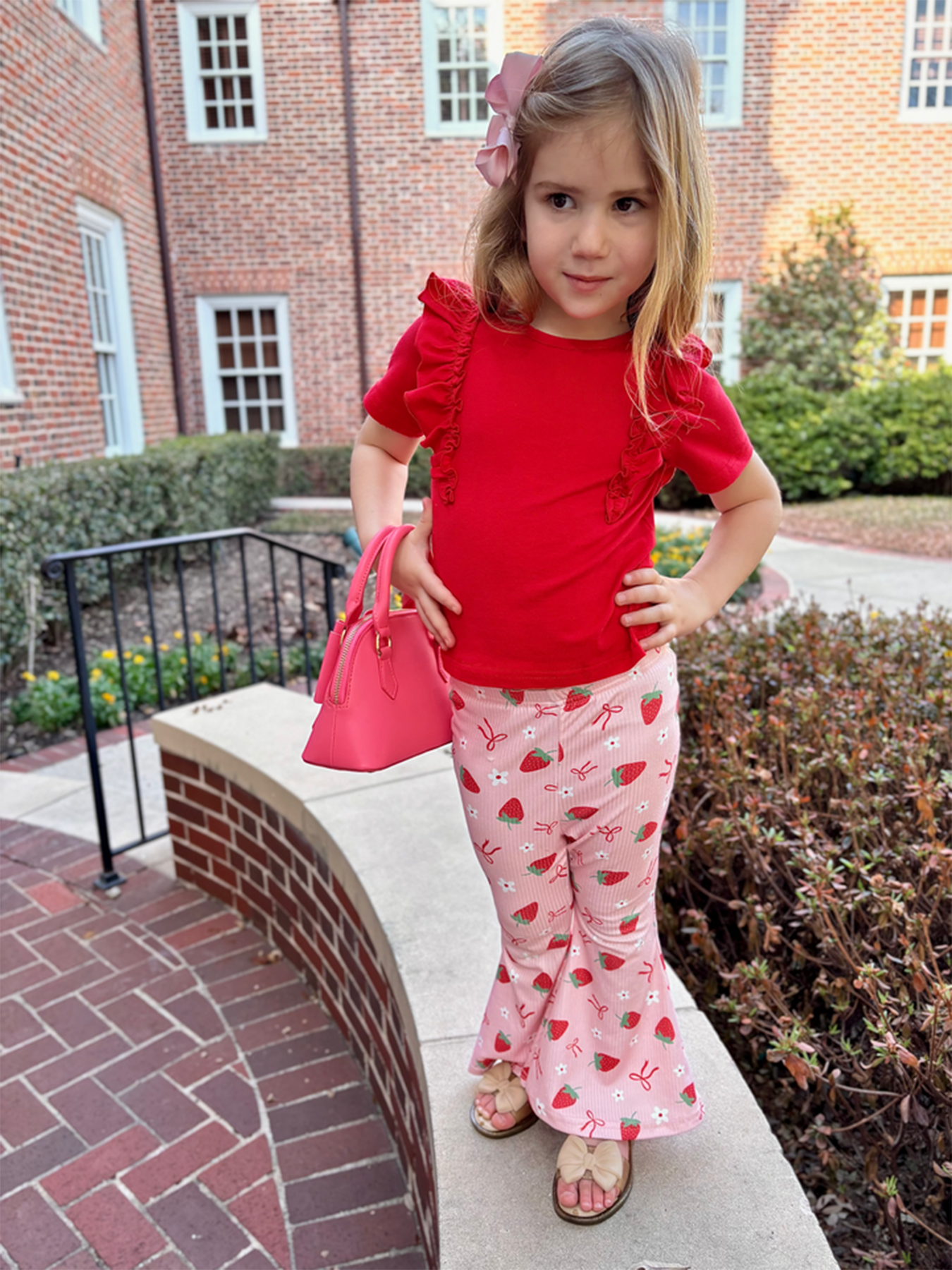 Strawberry Bow Girls Ruffle Top And Bell Bottoms Set