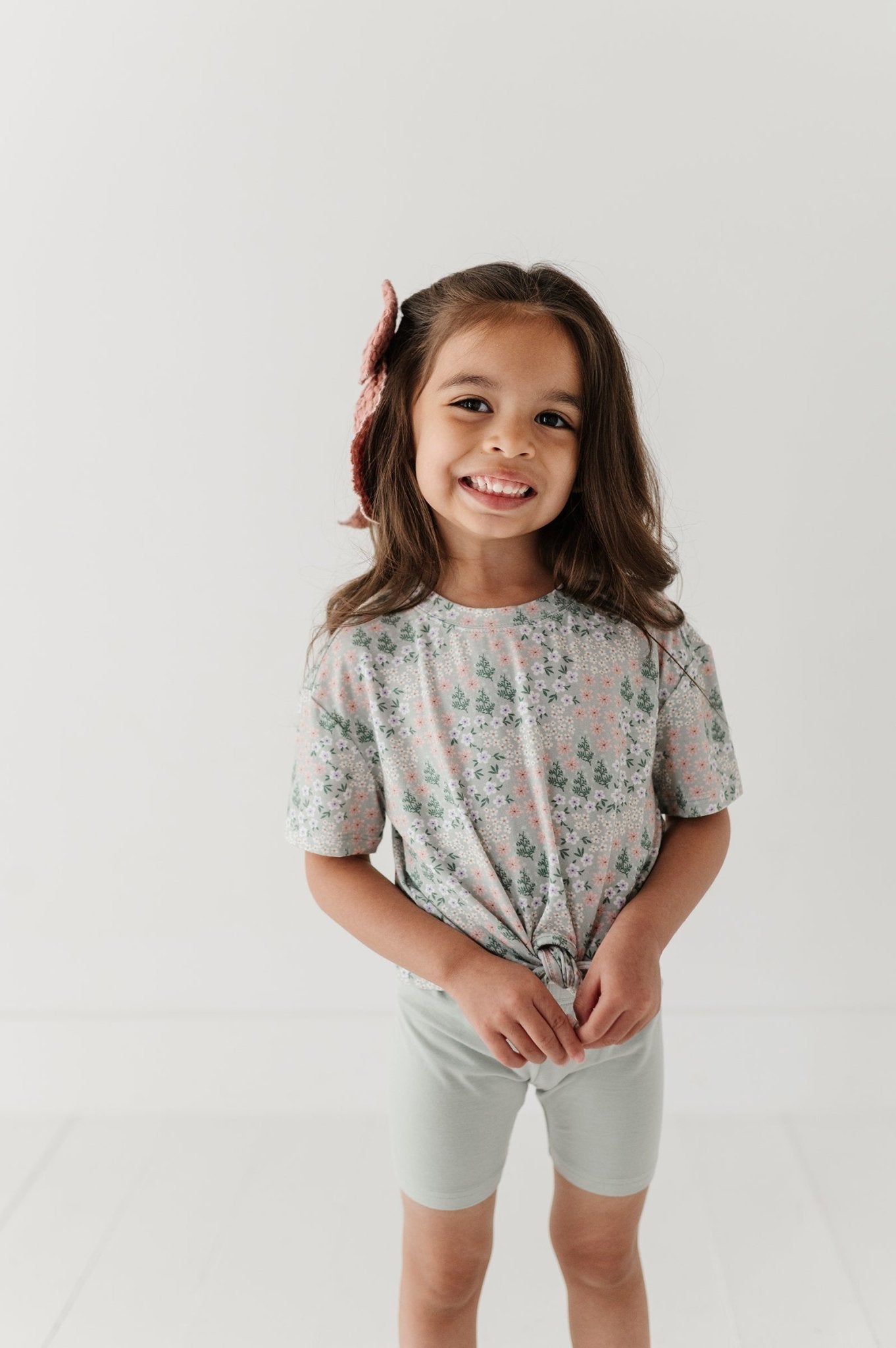 Girls Tie Front Shirt In Aqua Grey Floral
