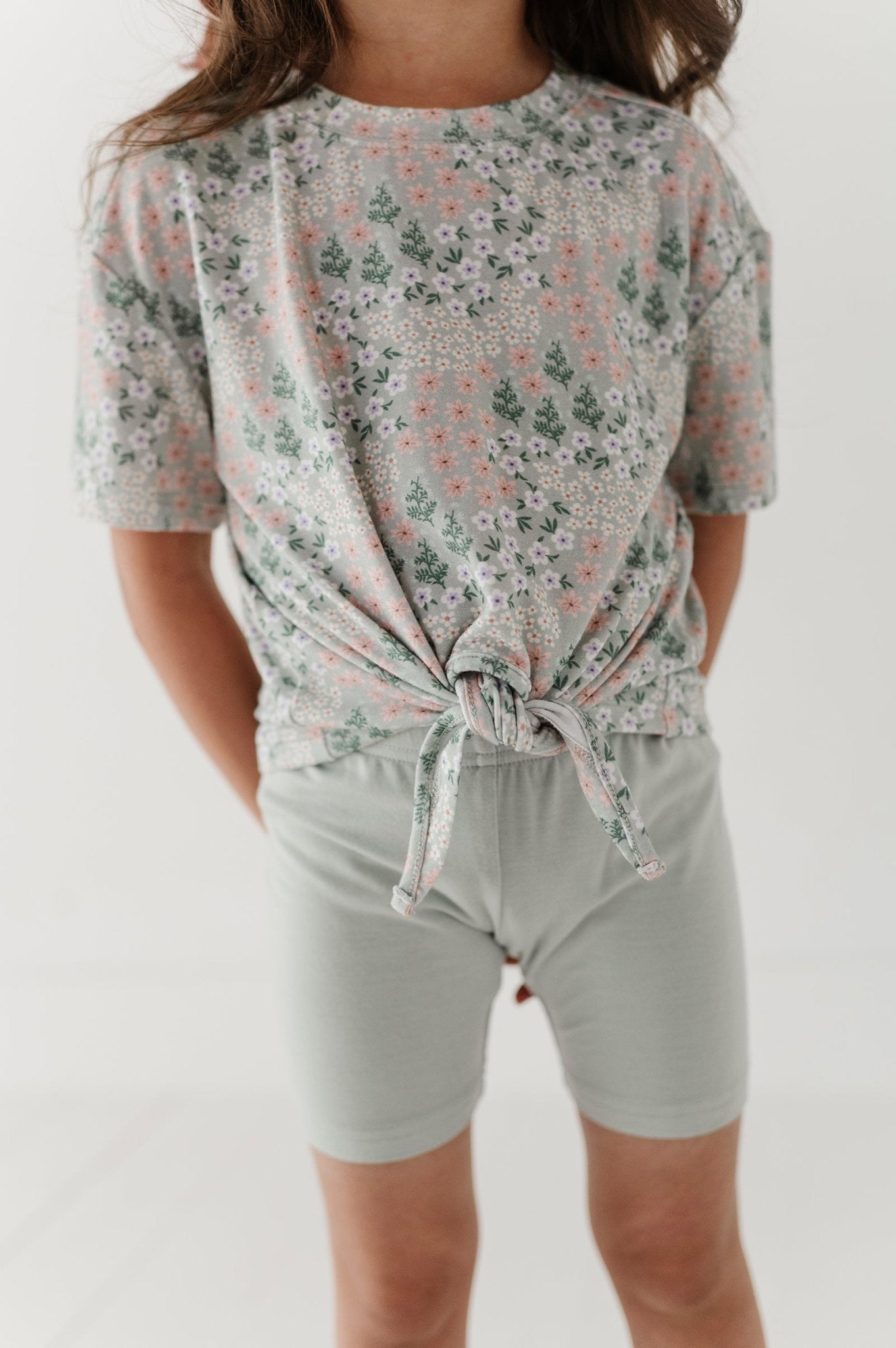 Girls Tie Front Shirt In Aqua Grey Floral