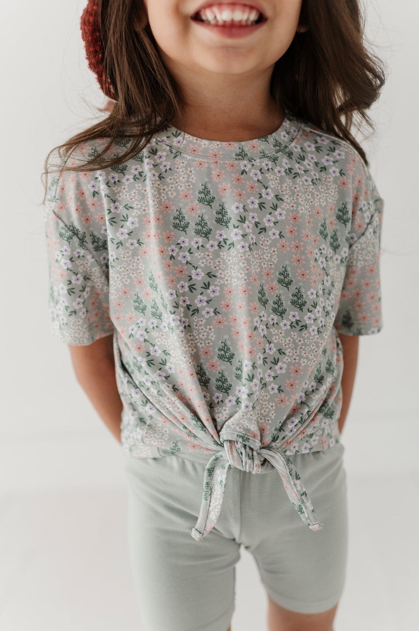 Girls Tie Front Shirt In Aqua Grey Floral
