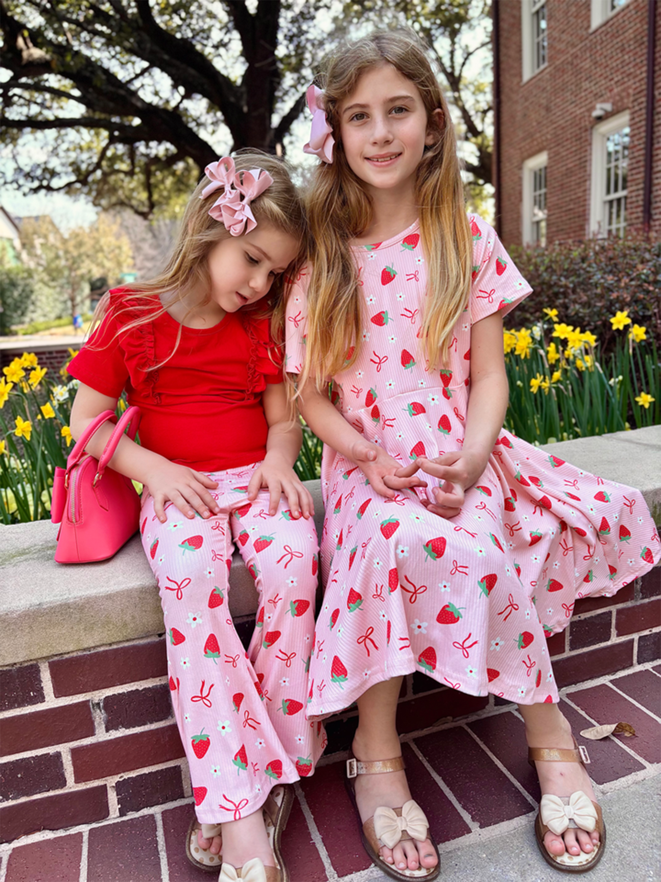 Strawberry Bow Girls Ruffle Top And Bell Bottoms Set