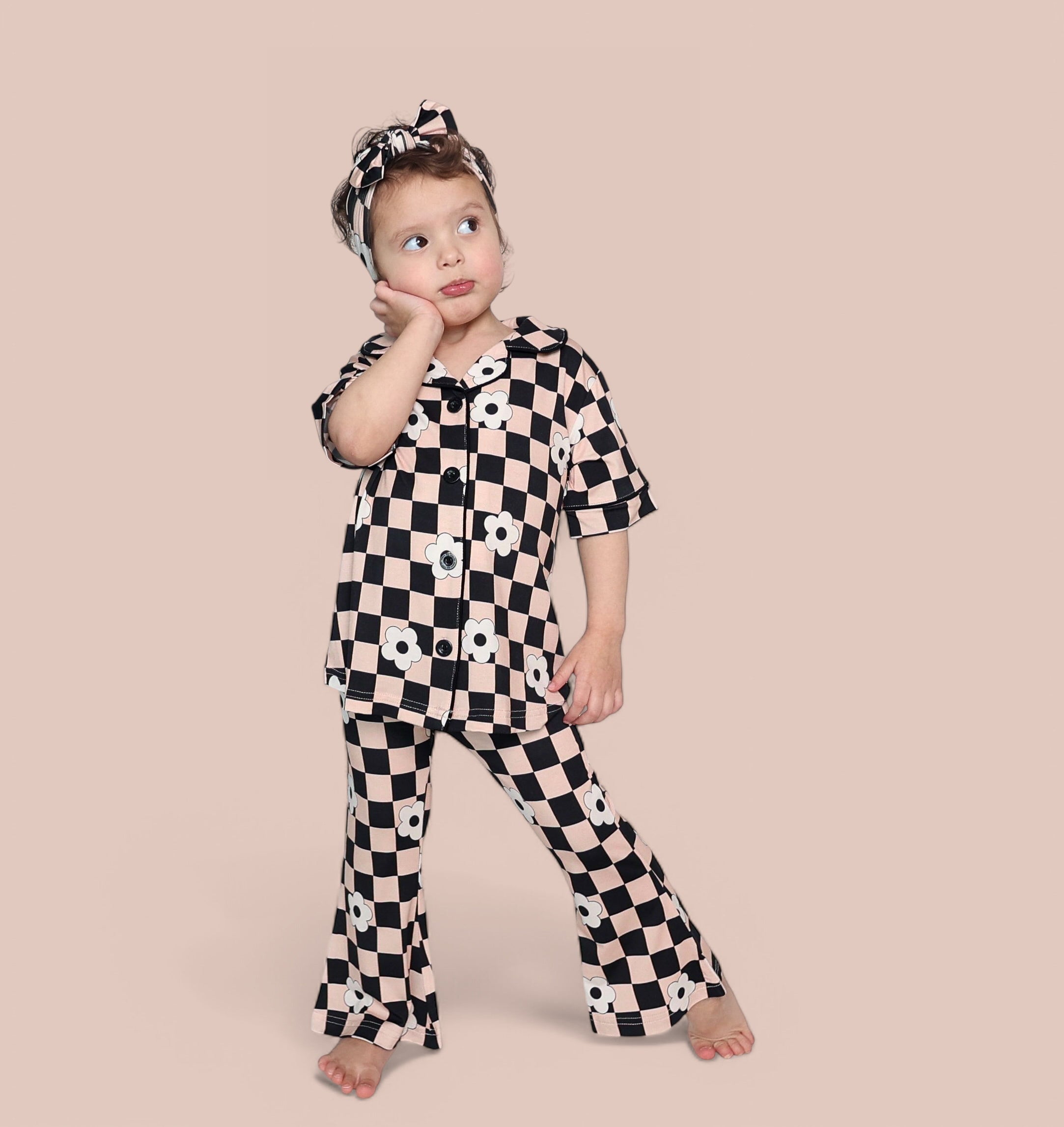 Retro Daisy Checks Short Sleeve Dream Girl's Flare Set