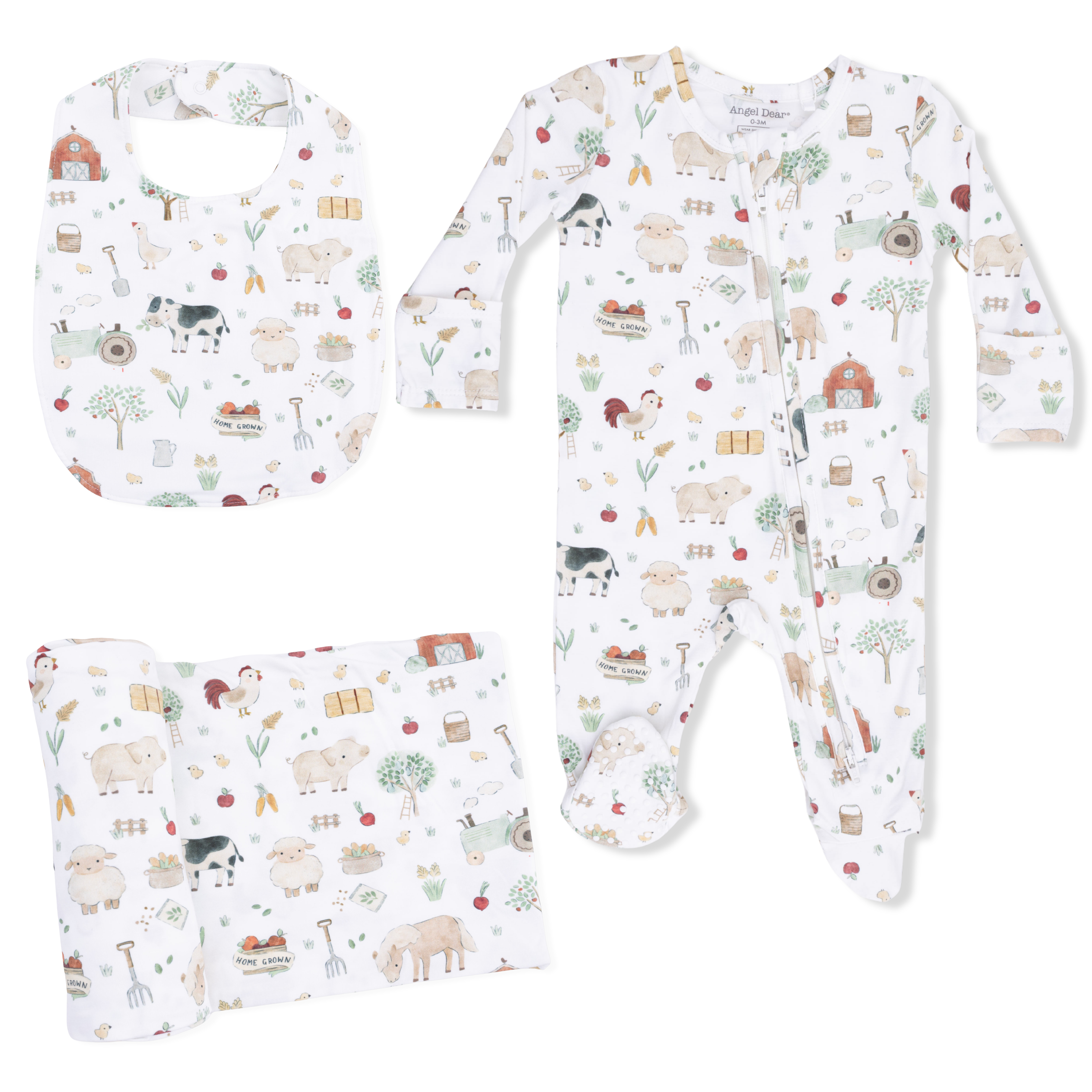 Cute Farm Animals Uni - 2 Way Zipper Footie, Swaddle  & Bandana Bib Set