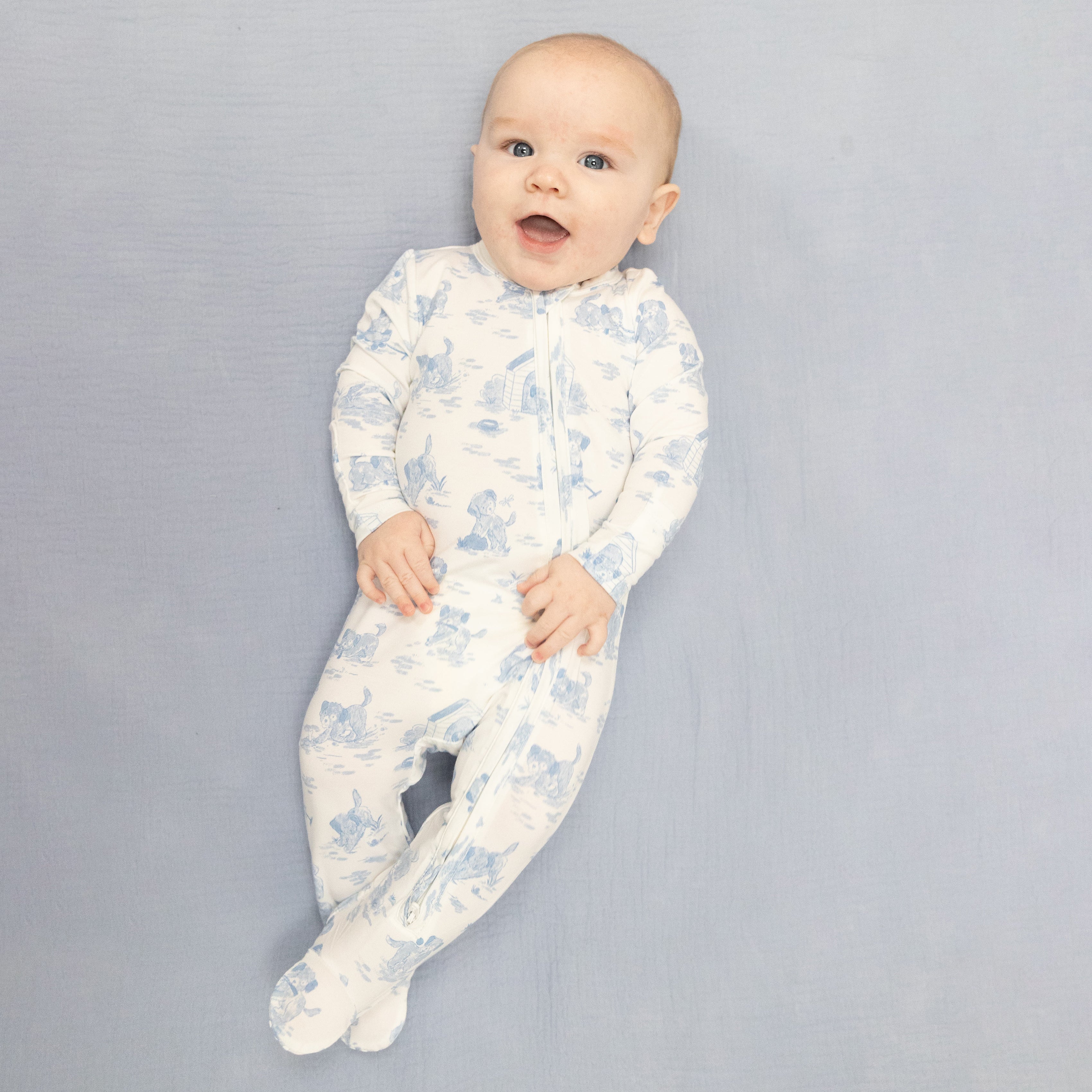 Puppy Toile Blue - 2 Way Zipper Footie