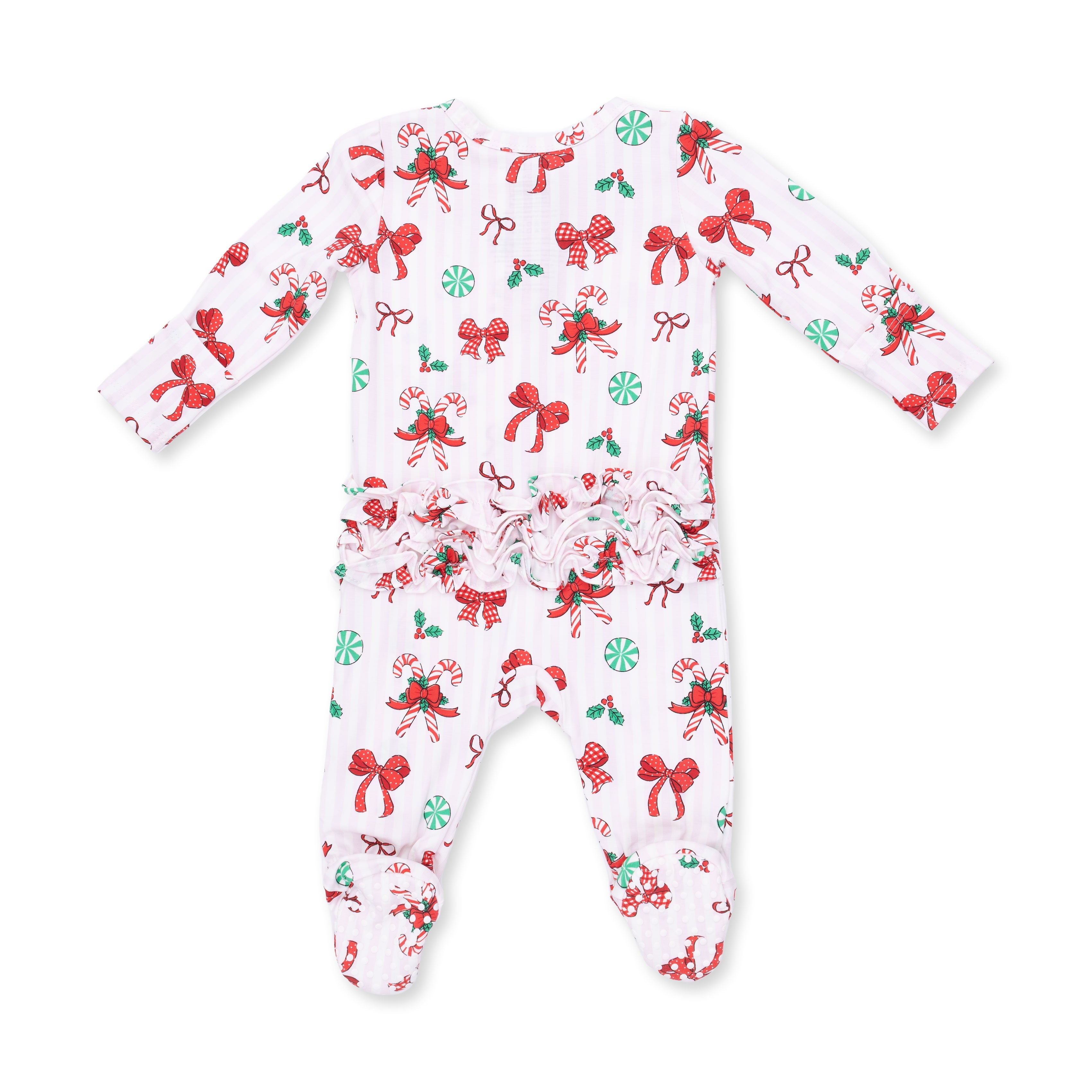 Bows & Candy Canes - 2 Way Ruffle Back Zipper Footie