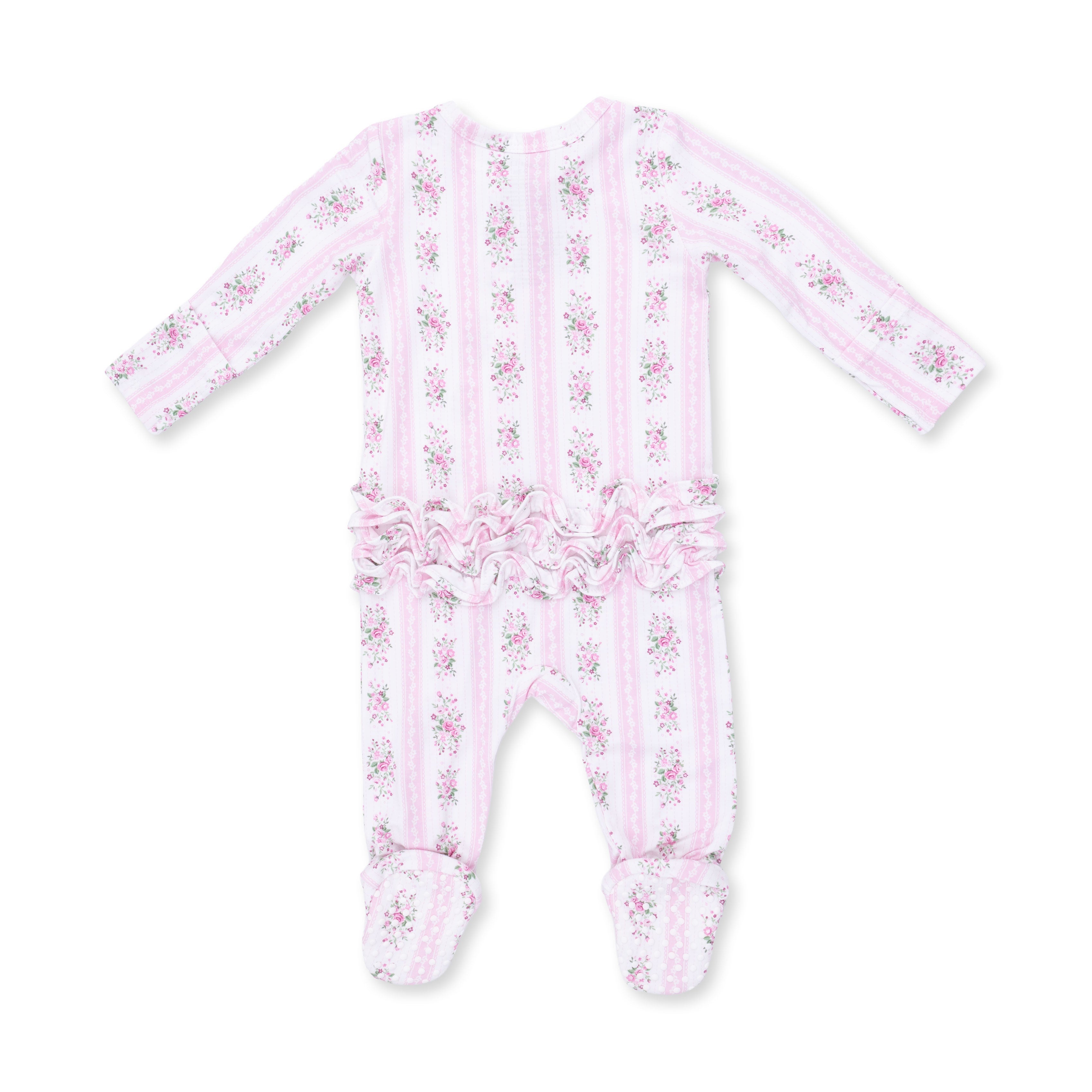 Bella Rose Stripe - 2 Way Ruffle Back Zipper Footie