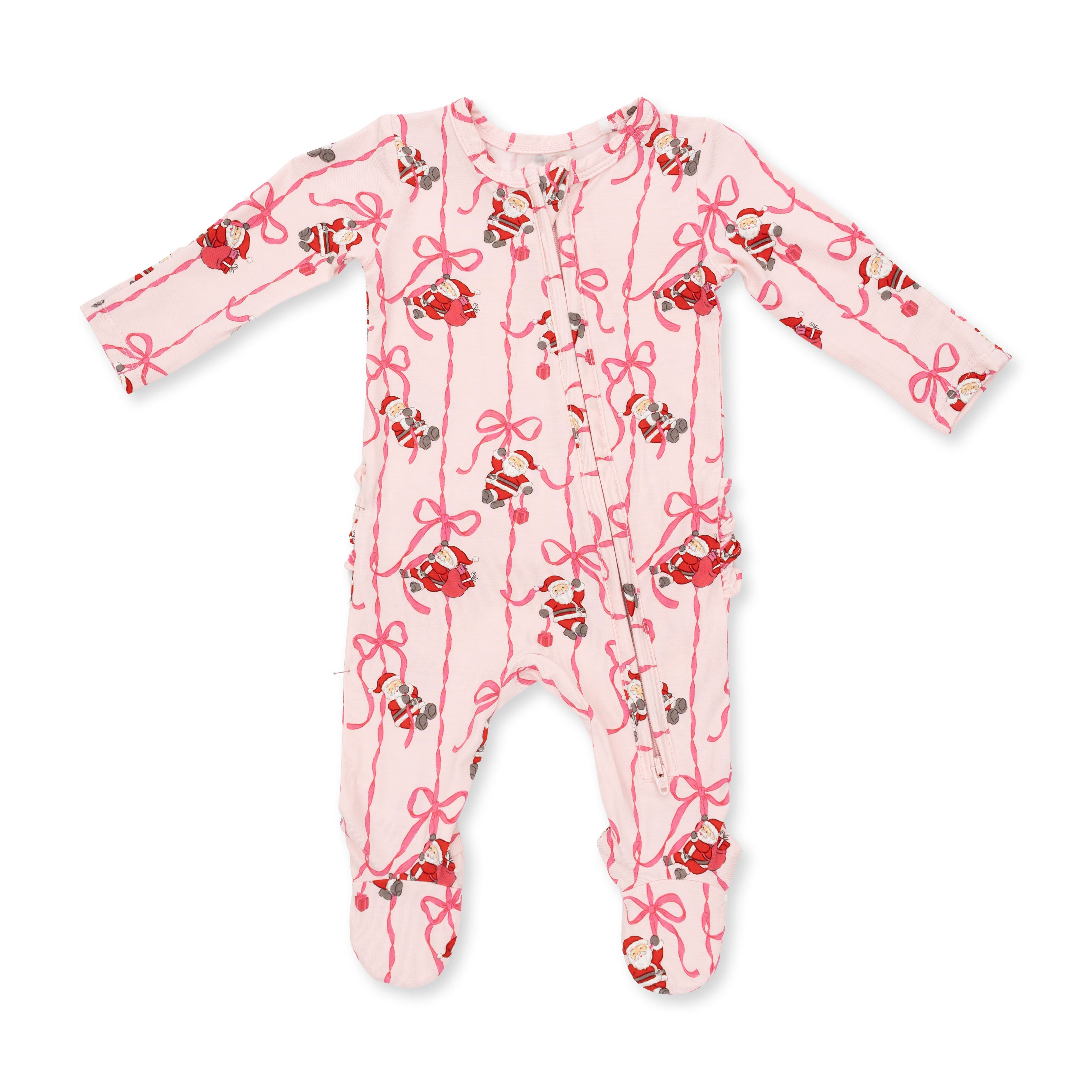 Bows & Santa - 2 Way Ruffle Back Zipper Footie