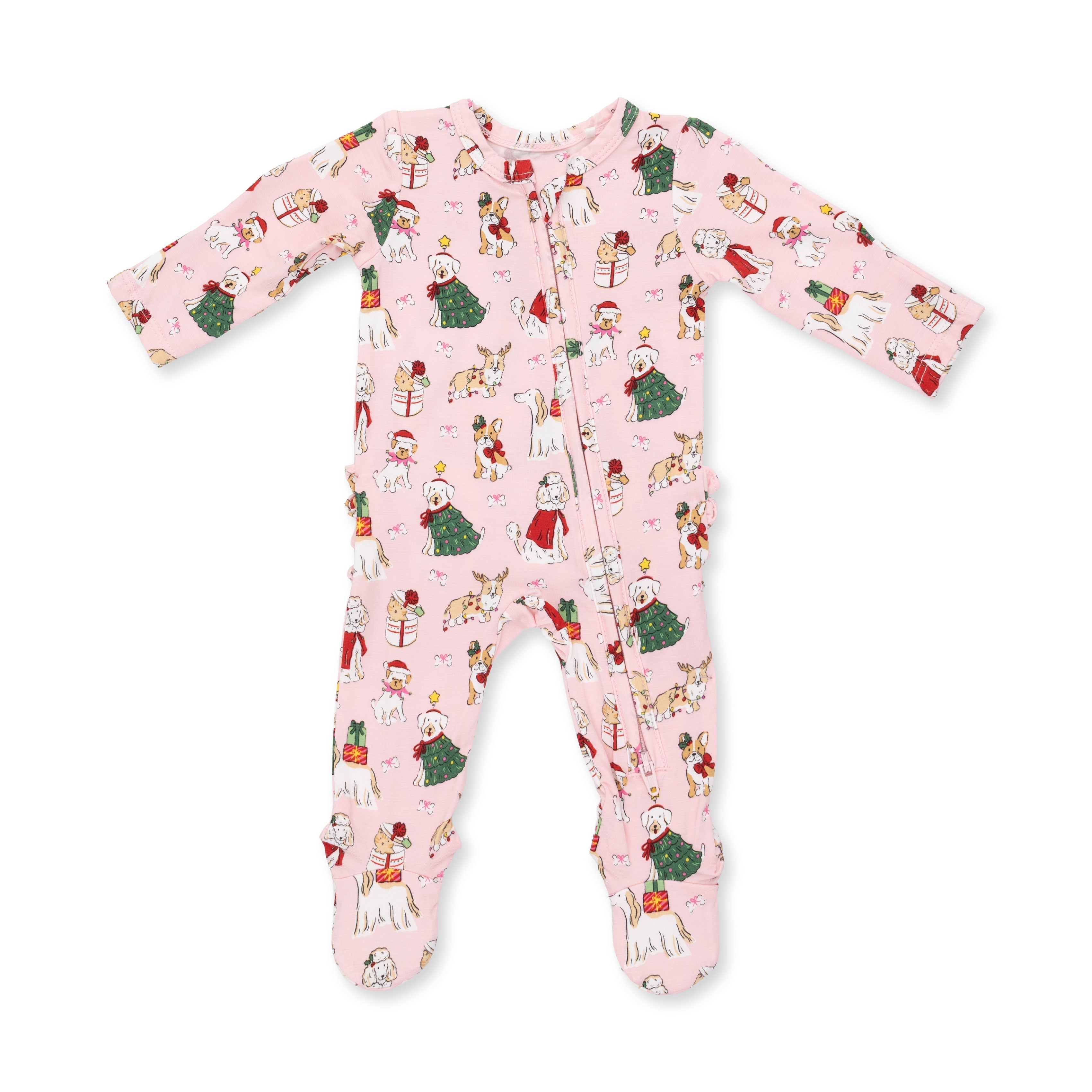 Christmas Dogs Pink - 2 Way Ruffle Back Zipper Footie