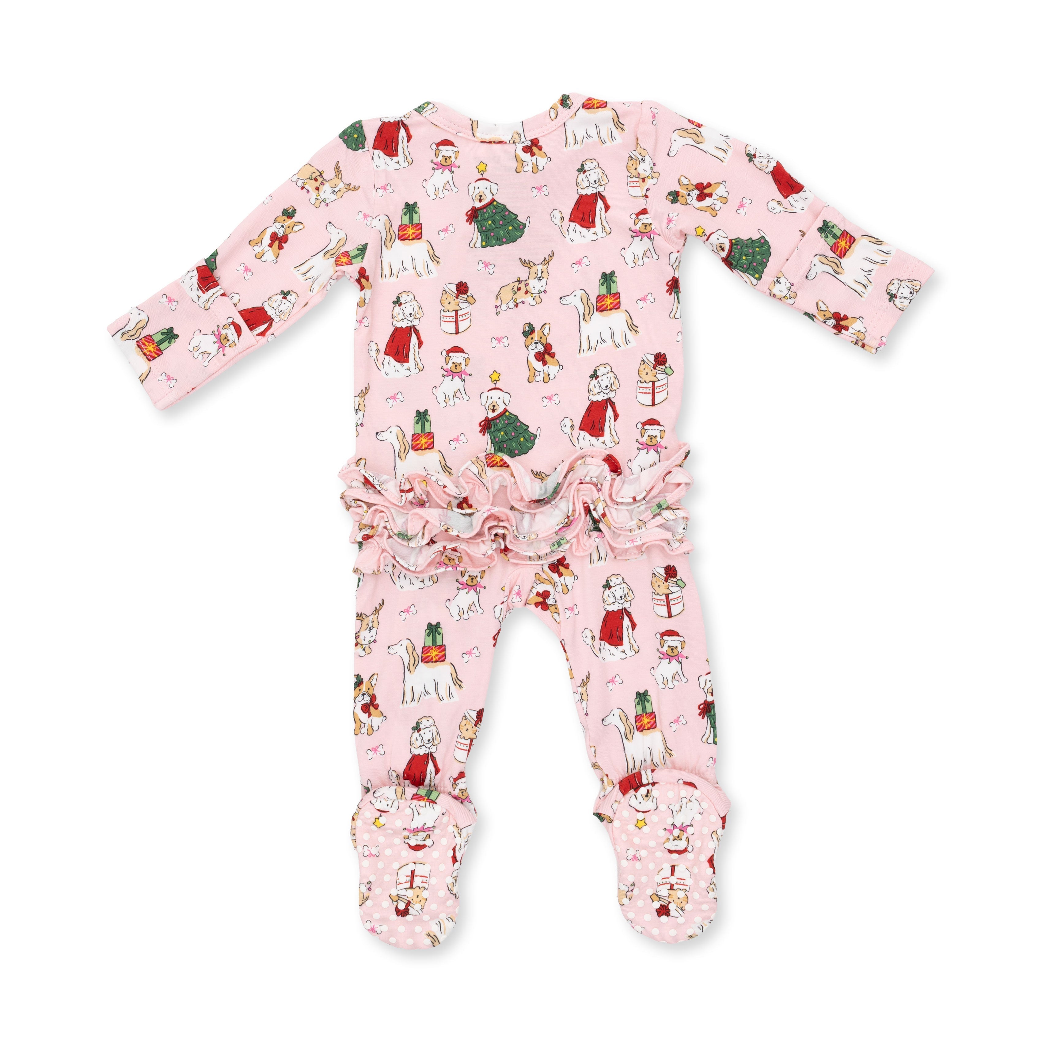 Christmas Dogs Pink - 2 Way Ruffle Back Zipper Footie