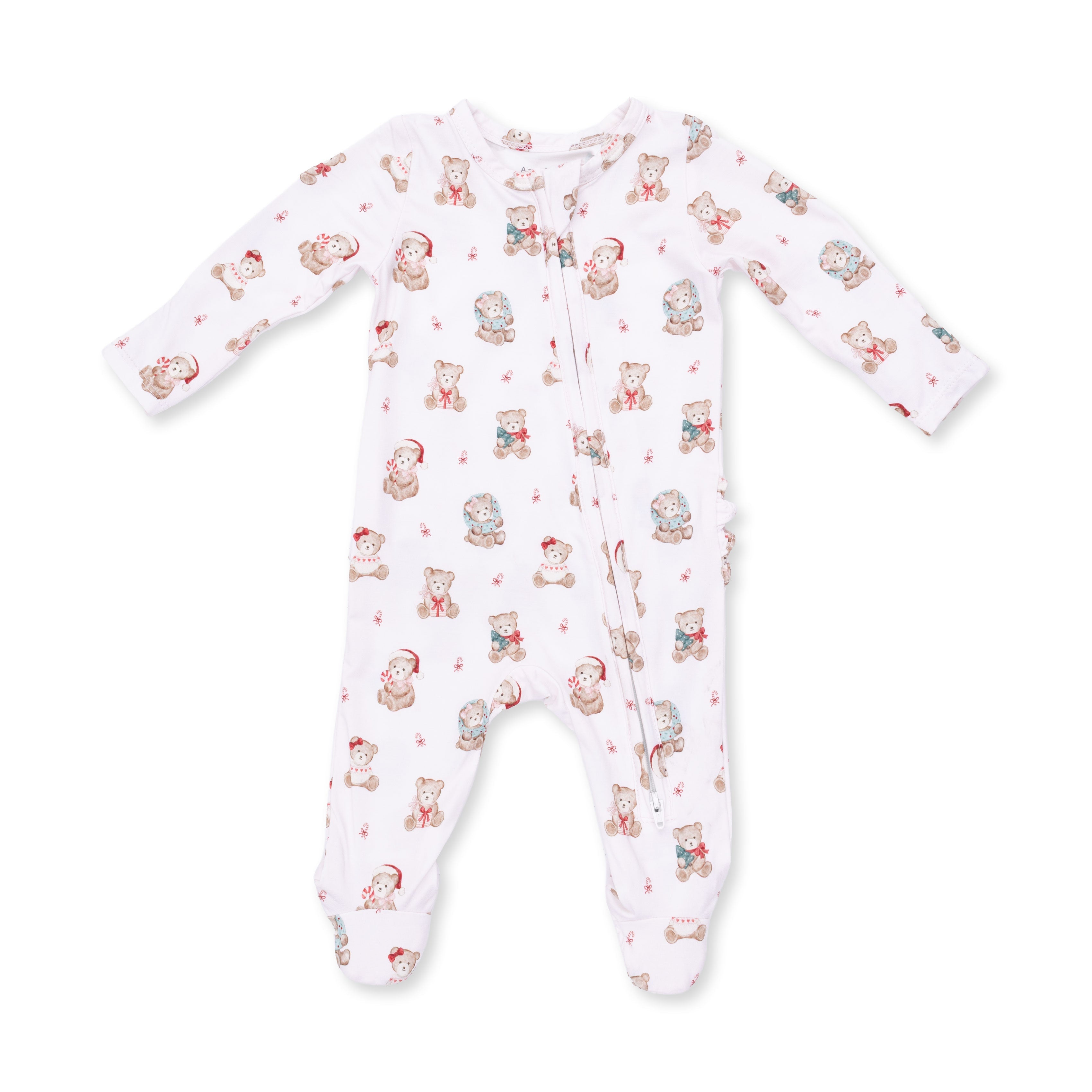 Christmas Teddy Bears Pink - 2 Way Ruffle Back Zipper Footie
