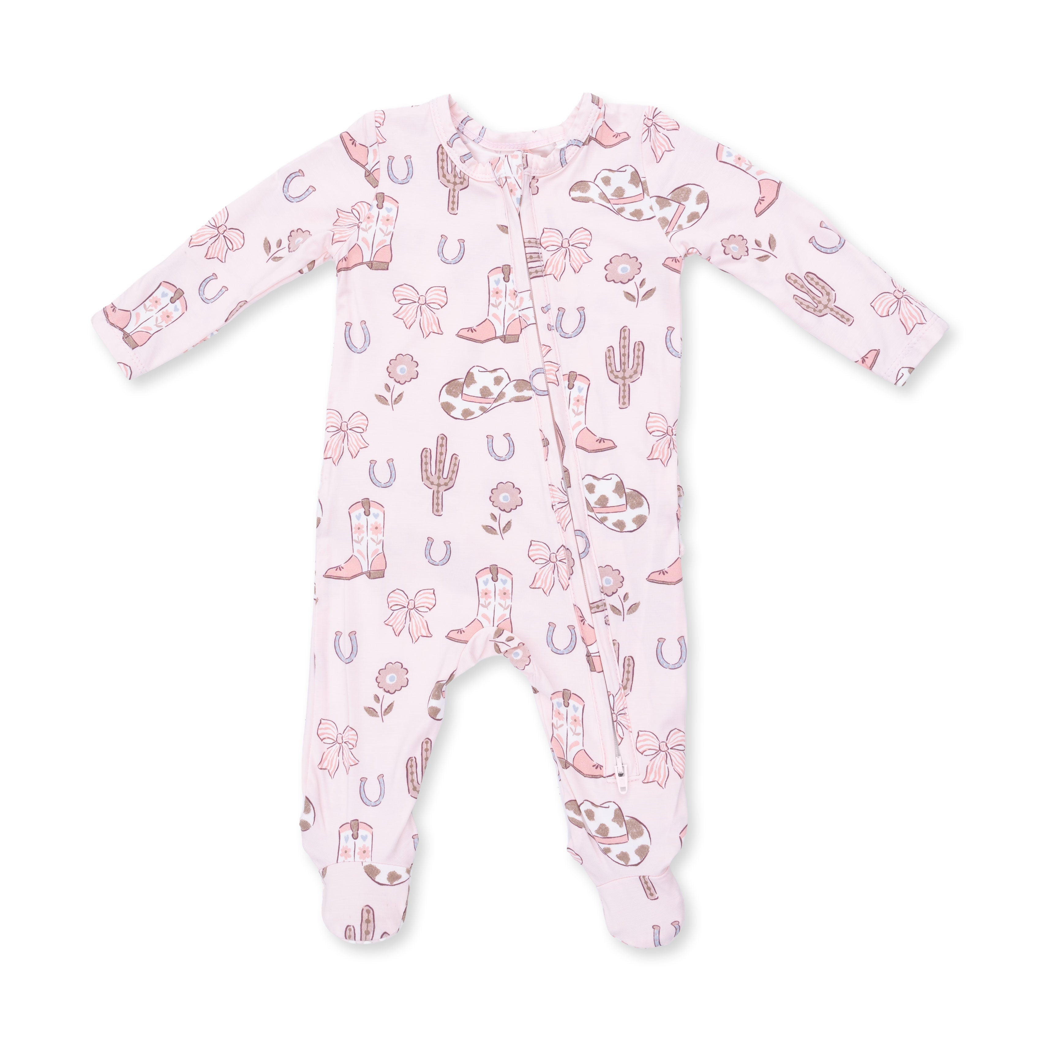 Cowgirl Boots And Bows - 2 Way Ruffle Back Zipper Footie