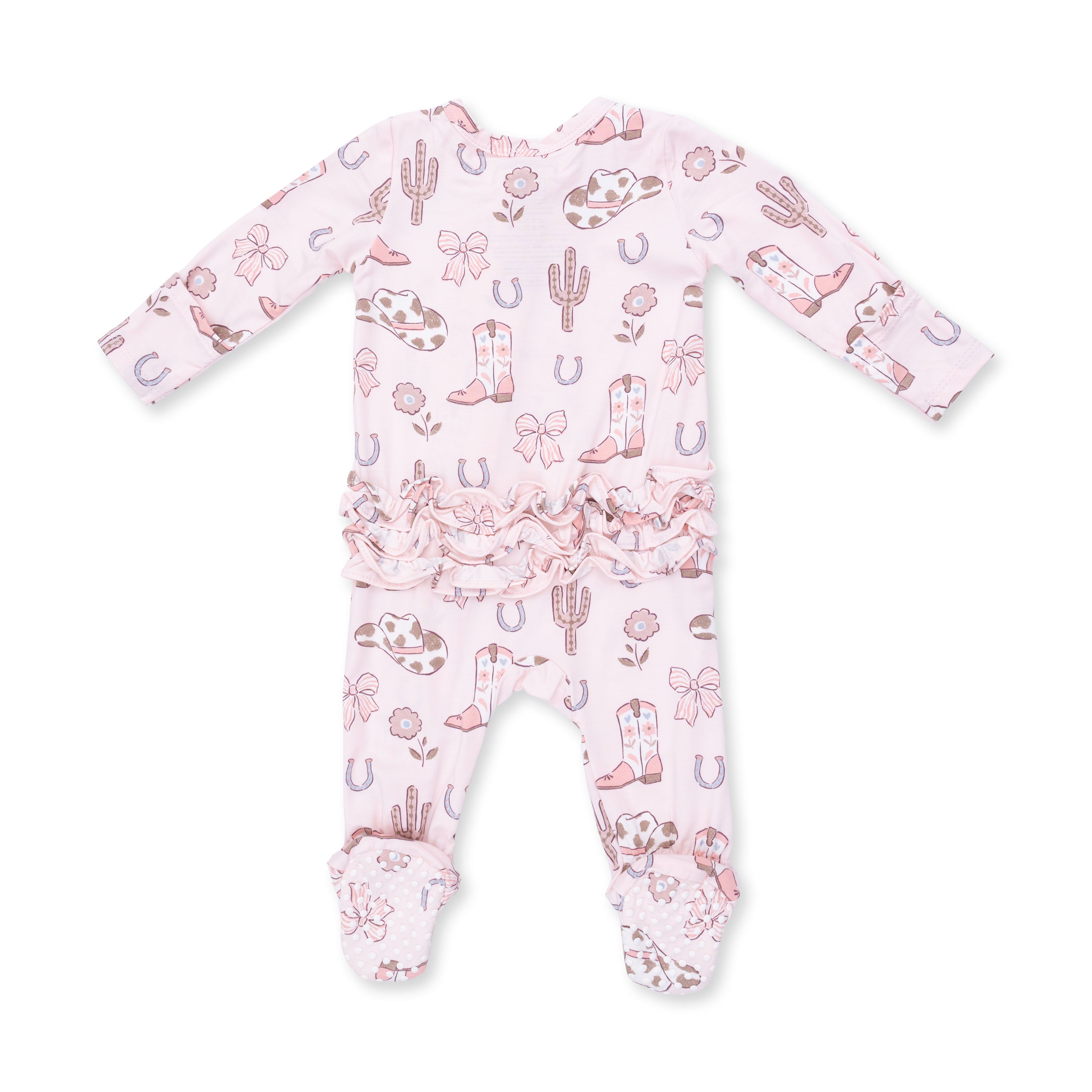 Cowgirl Boots And Bows - 2 Way Ruffle Back Zipper Footie