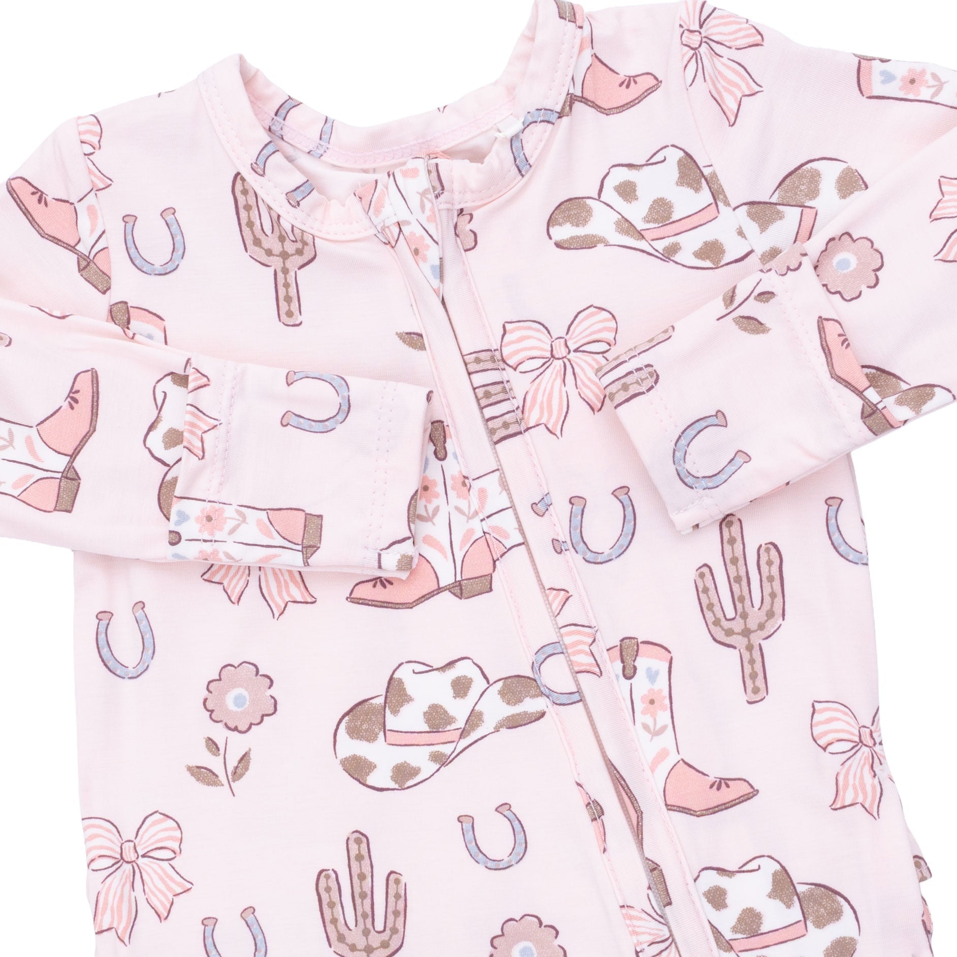 Cowgirl Boots And Bows - 2 Way Ruffle Back Zipper Footie