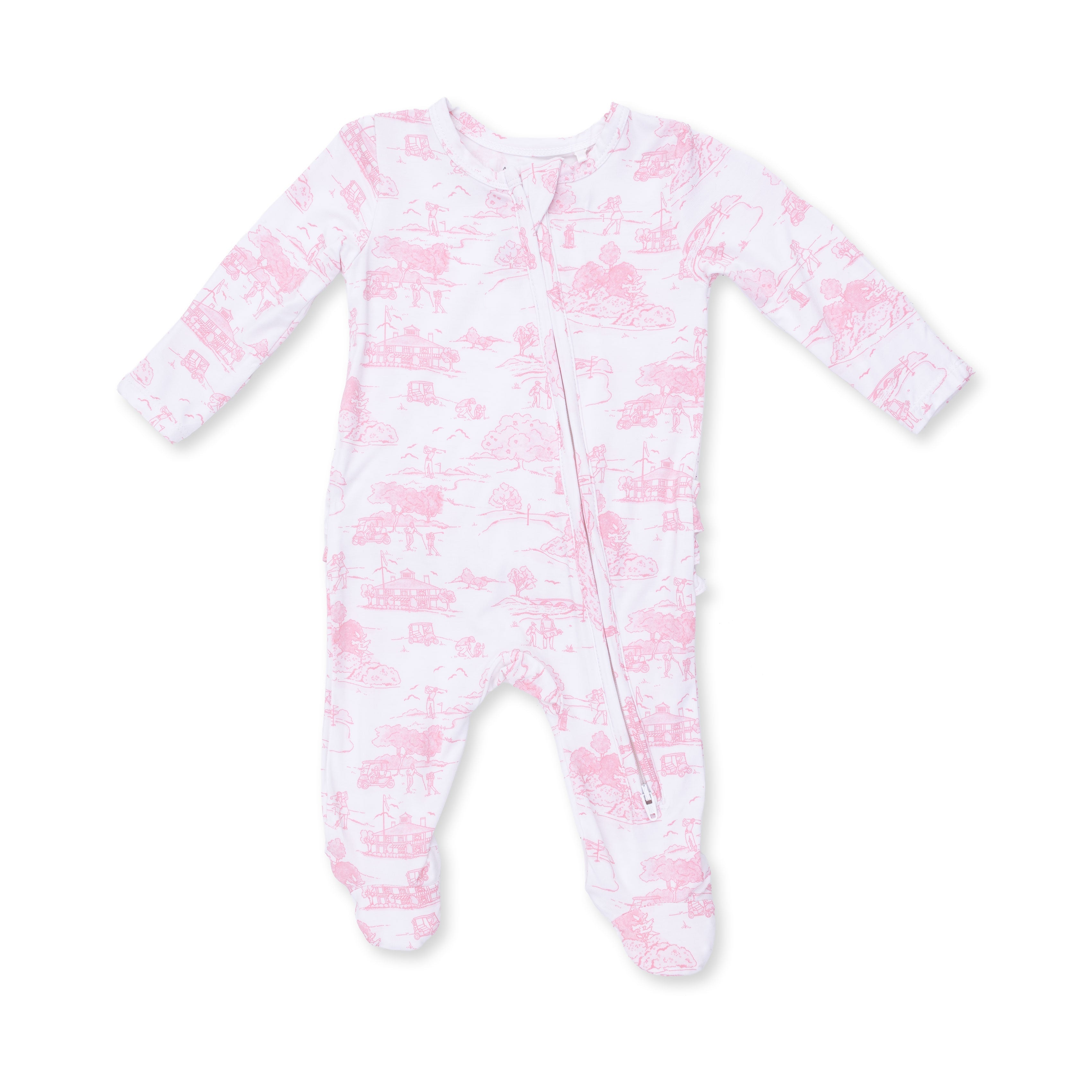 Golf Toile Pink - 2 Way Ruffle Back Zipper Footie