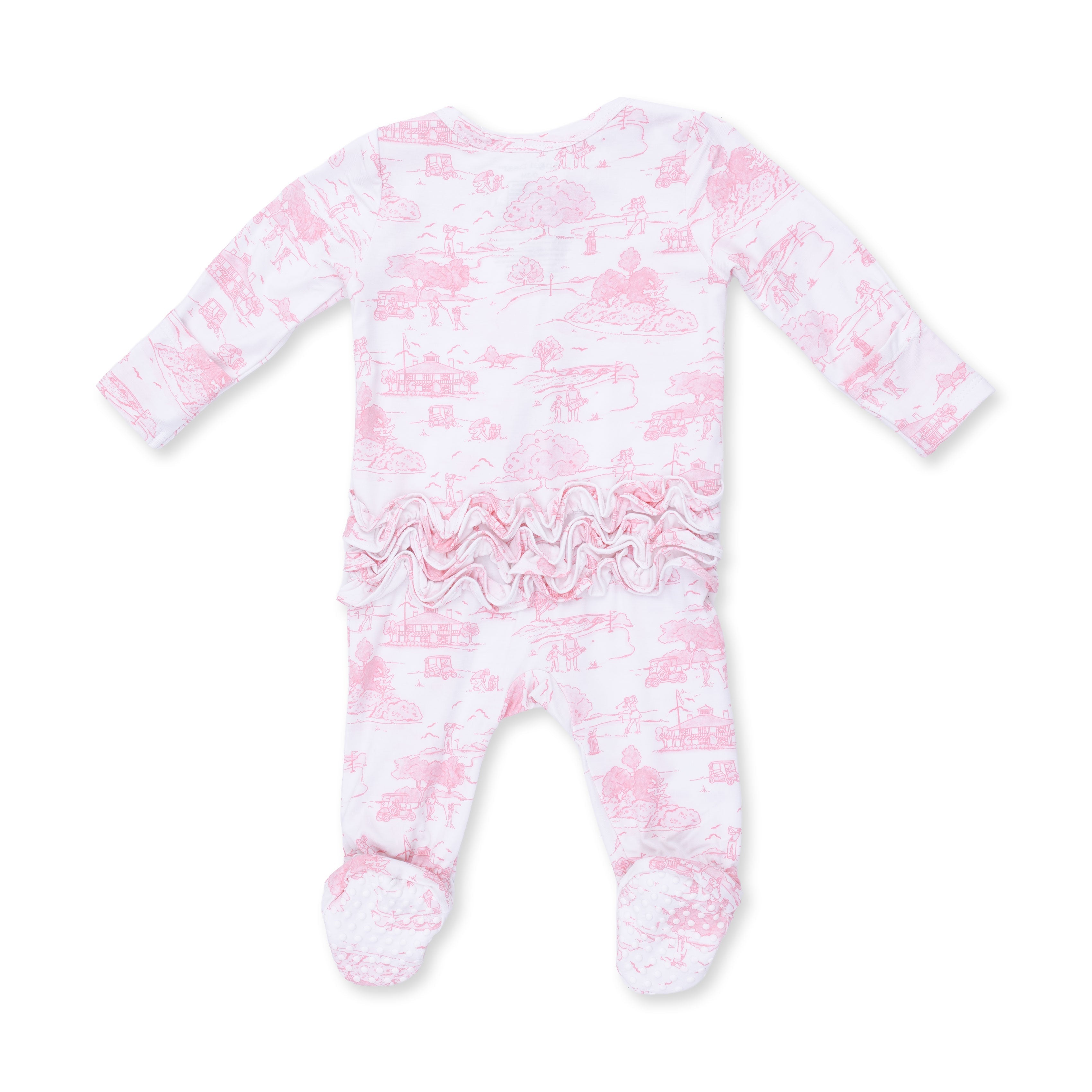 Golf Toile Pink - 2 Way Ruffle Back Zipper Footie