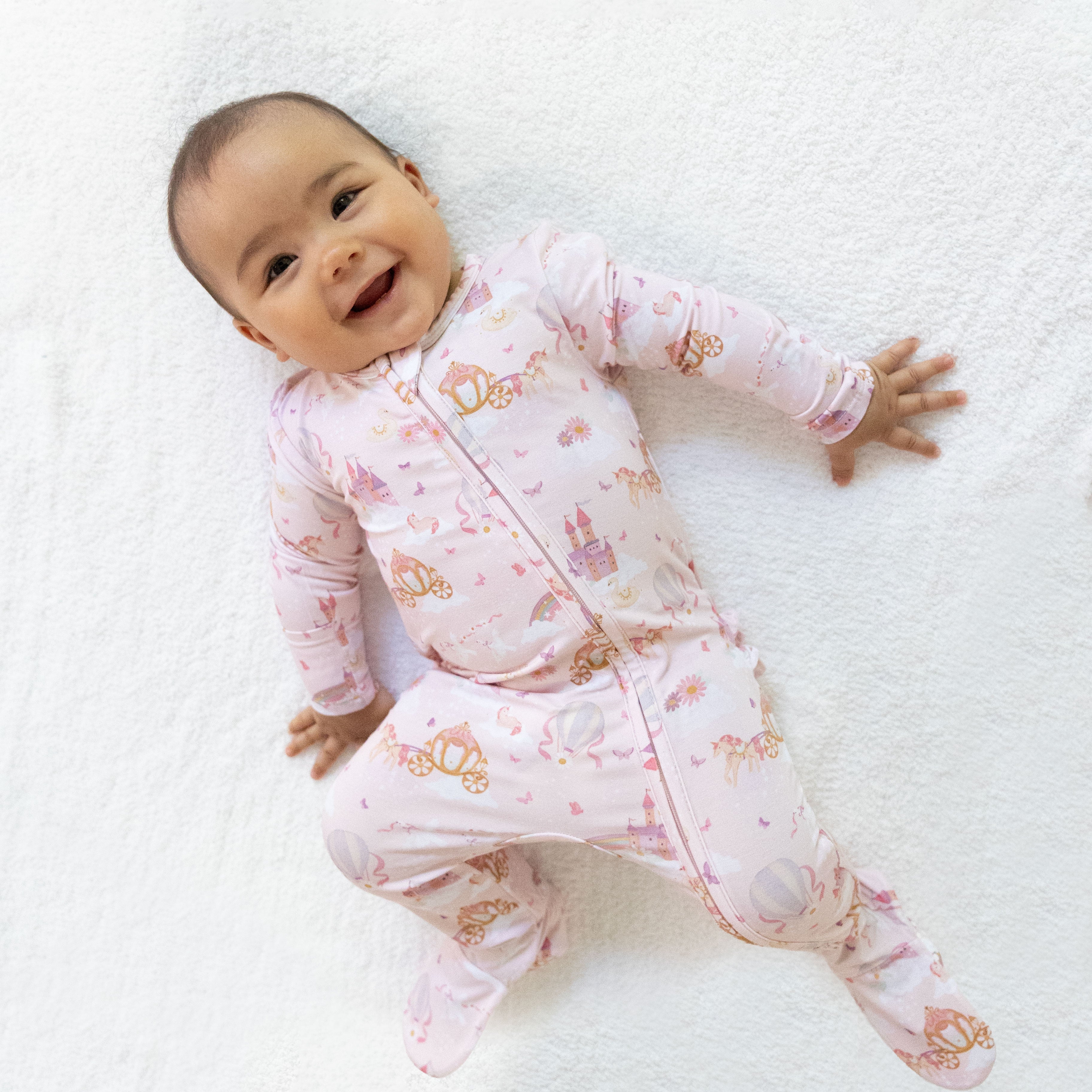 Princess Unicorns And Castle - 2 Way Ruffle Back Zipper Footie