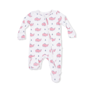 Bubbly Whale With Bow  Pink - 2 Way Ruffle Back Zipper Footie