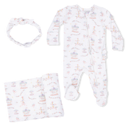 Carousel With Bows - 2 Way Ruffle Back Zipper Footie, Headband, & Swaddle Blanket Set