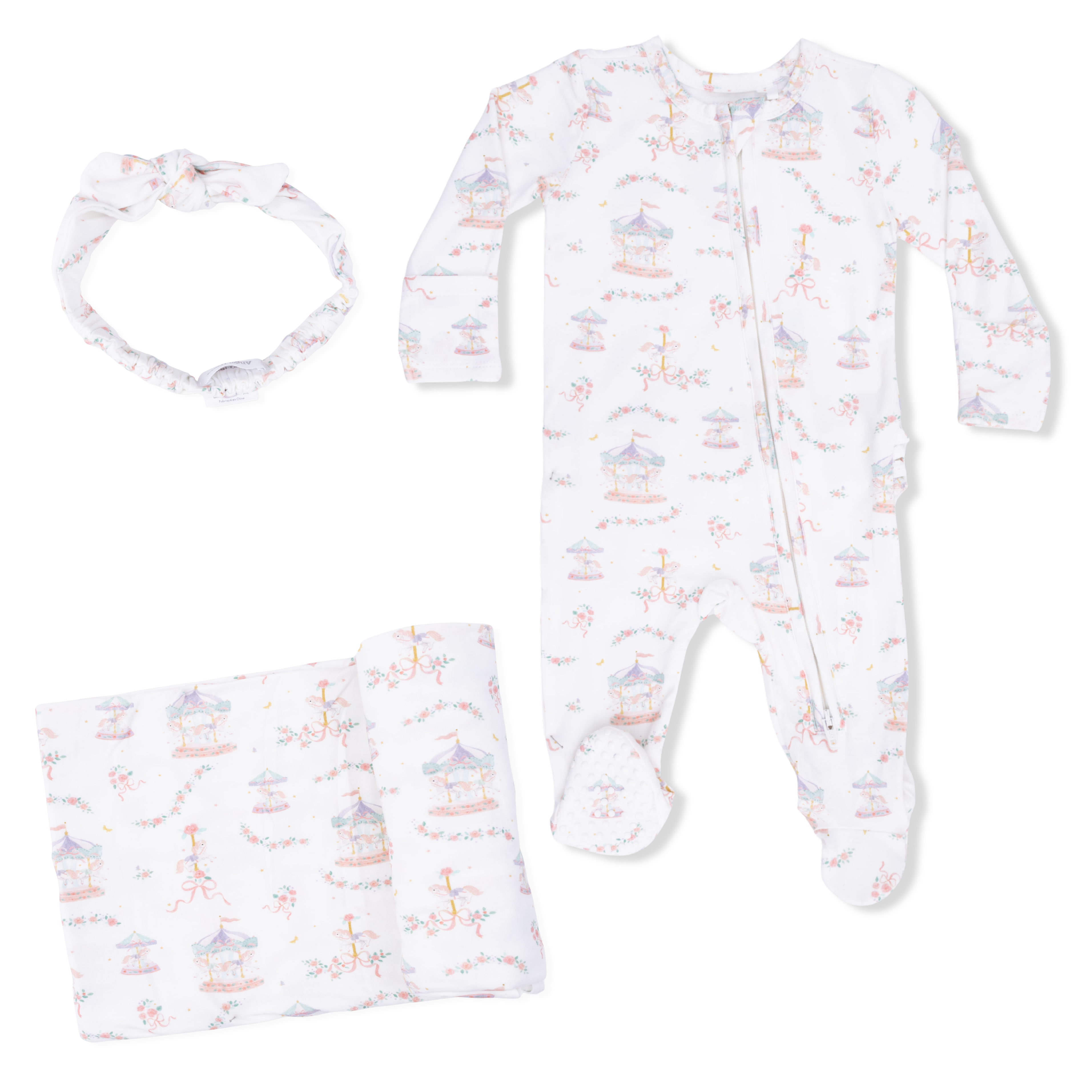 Carousel With Bows - 2 Way Ruffle Back Zipper Footie, Headband, & Swaddle Blanket Set