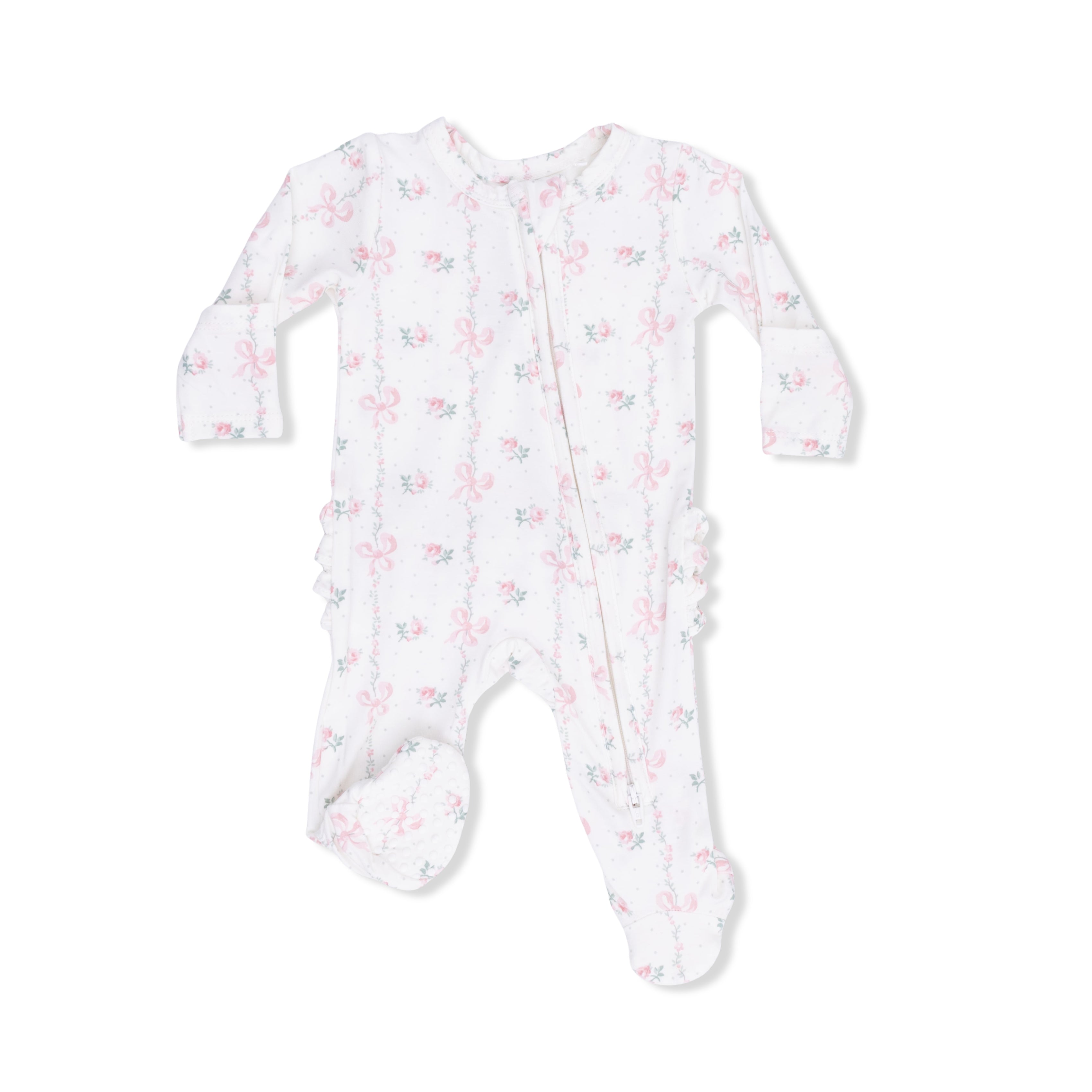 Dainty Buds And Bows - 2 Way Ruffle Back Zipper Footie