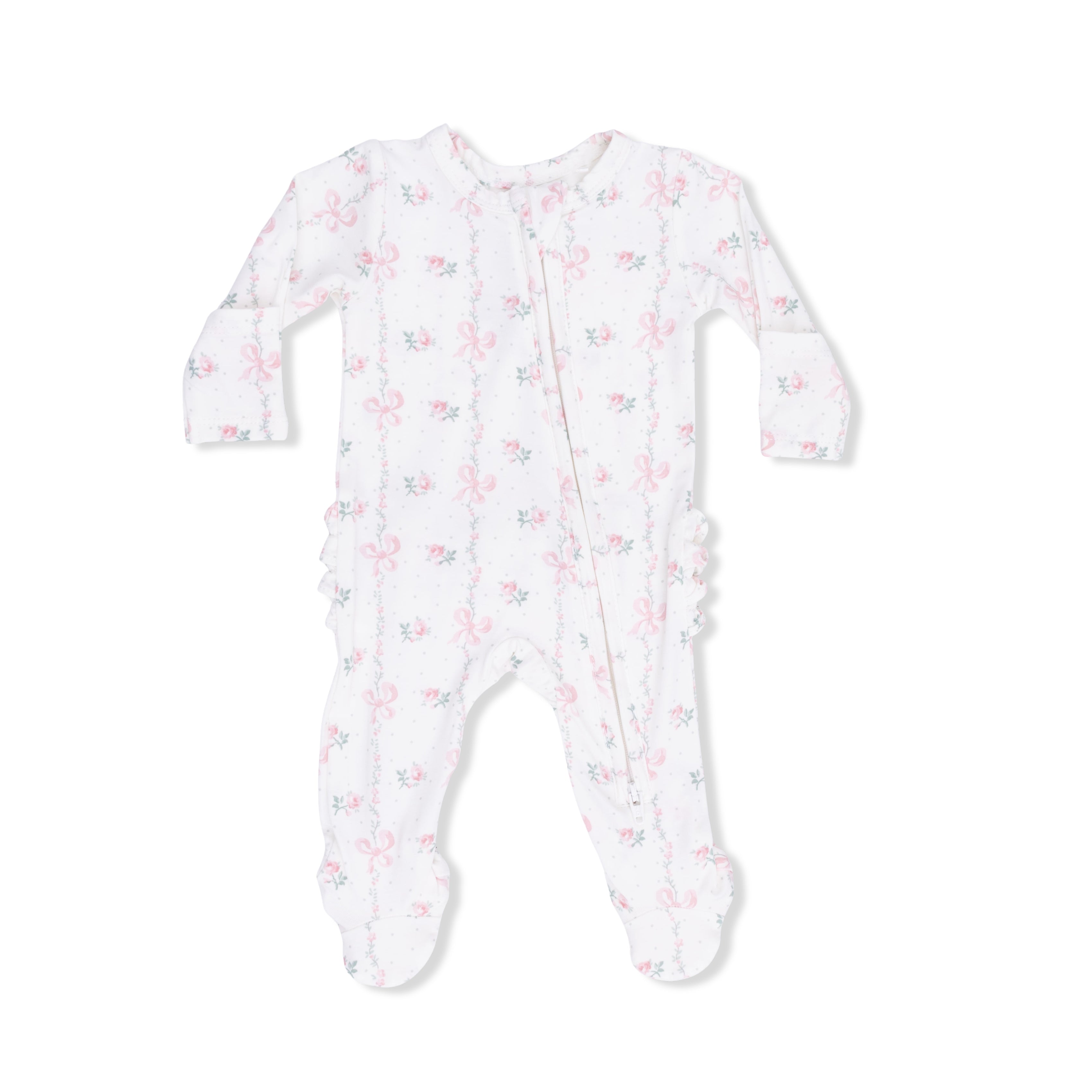 Dainty Buds And Bows - 2 Way Ruffle Back Zipper Footie