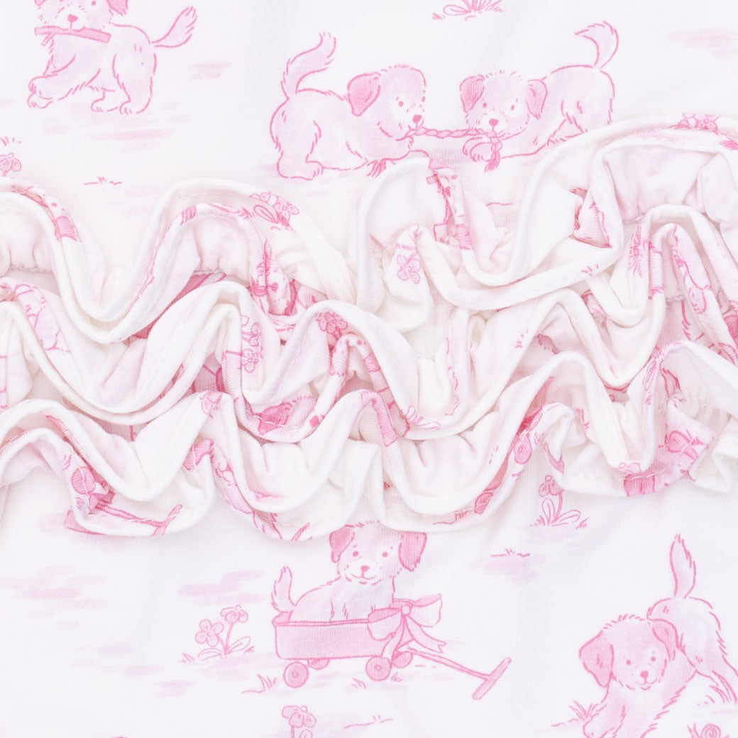 Puppy Toile Pink - 2 Way Ruffle Back Zipper Footie